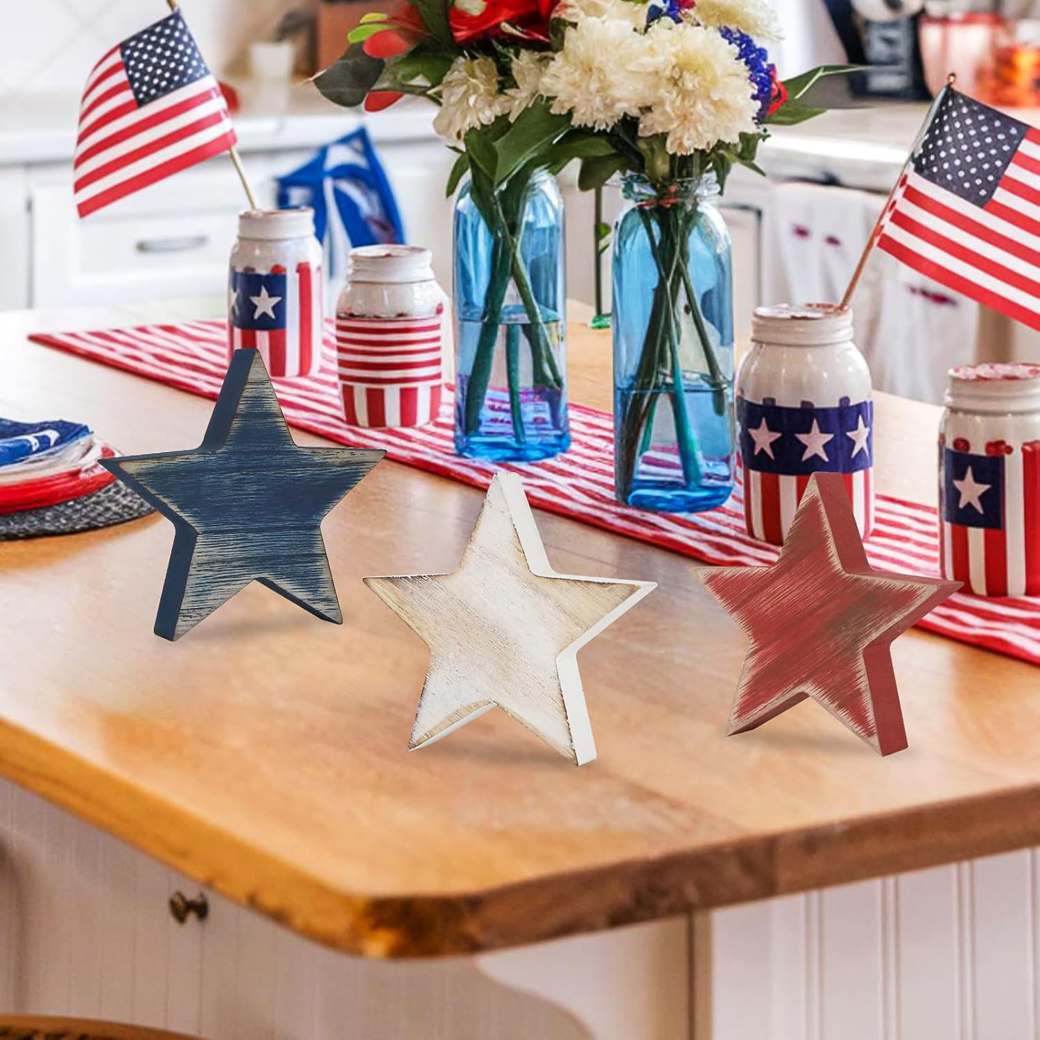 Durable Wooden Star Set 6 Patriotic Red White Blue Tiered Tray Decor Home Office Table Shelf (Retro Solid) - Image 4