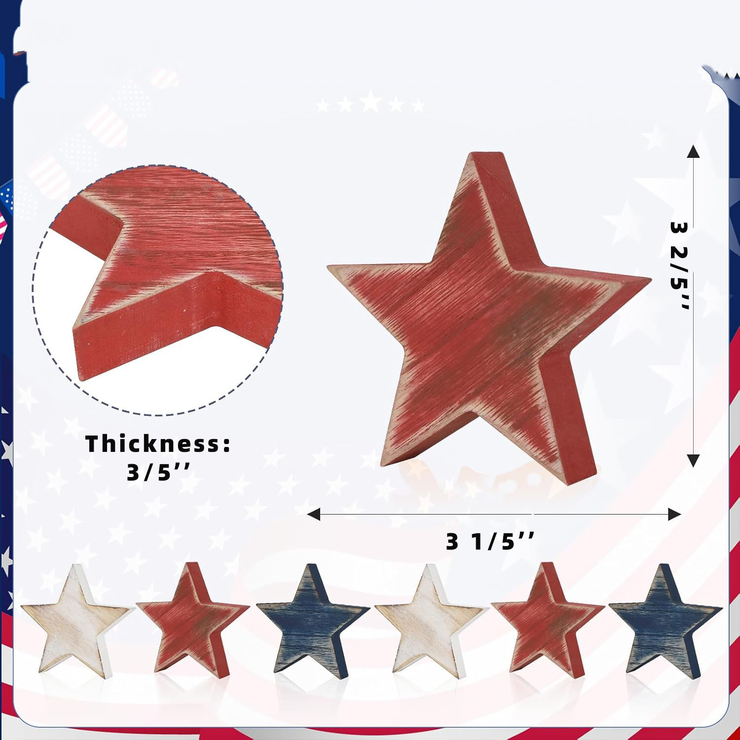 Durable Wooden Star Set 6 Patriotic Red White Blue Tiered Tray Decor Home Office Table Shelf (Retro Solid)
