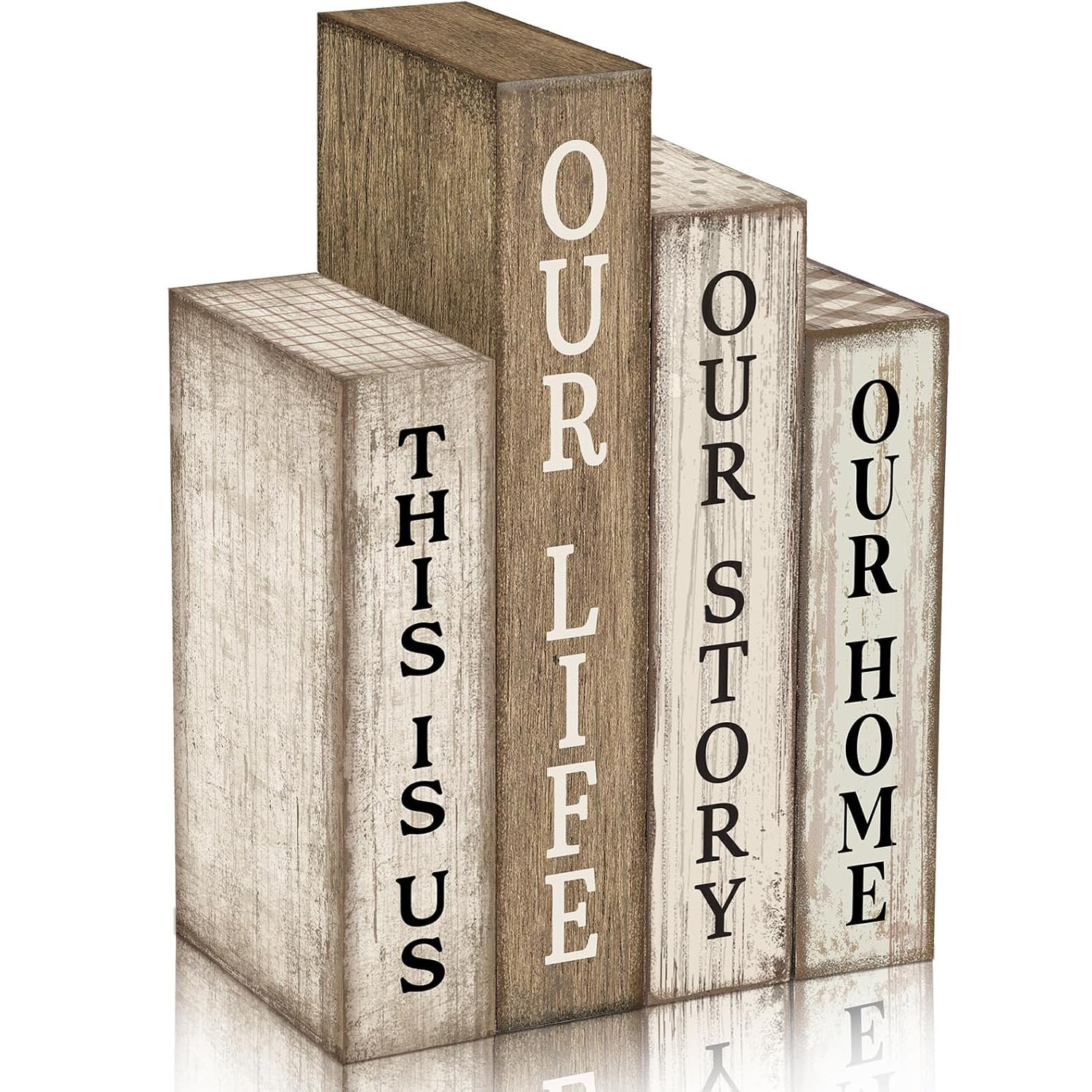 4 Pcs Durable Wooden Farmhouse Rustic DIY Table Centerpiece Book Stack Block Sign Rectangle Shape for Living Room Fireplace Home - Image 2