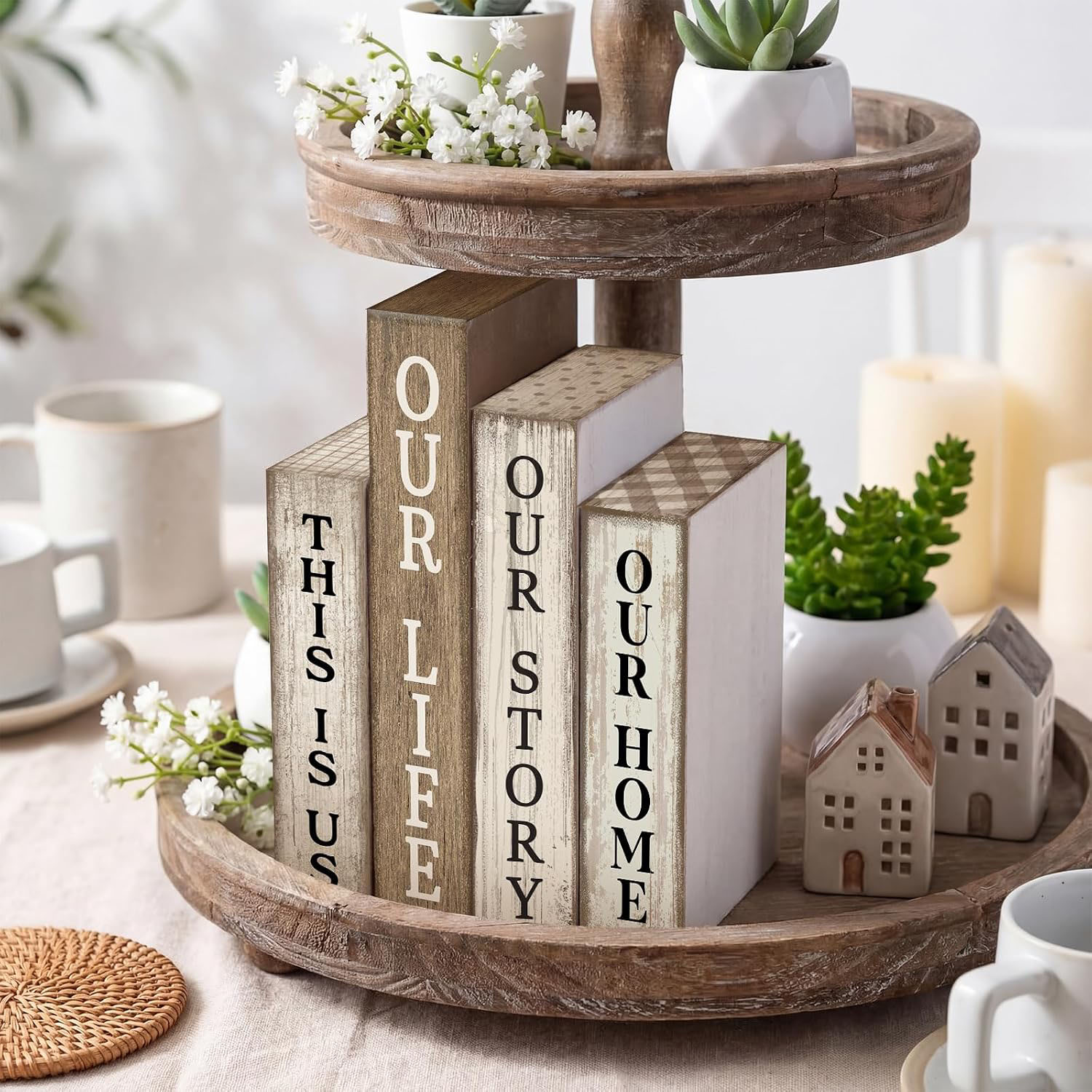 4 Pcs Durable Wooden Farmhouse Rustic DIY Table Centerpiece Book Stack Block Sign Rectangle Shape for Living Room Fireplace Home - Image 7
