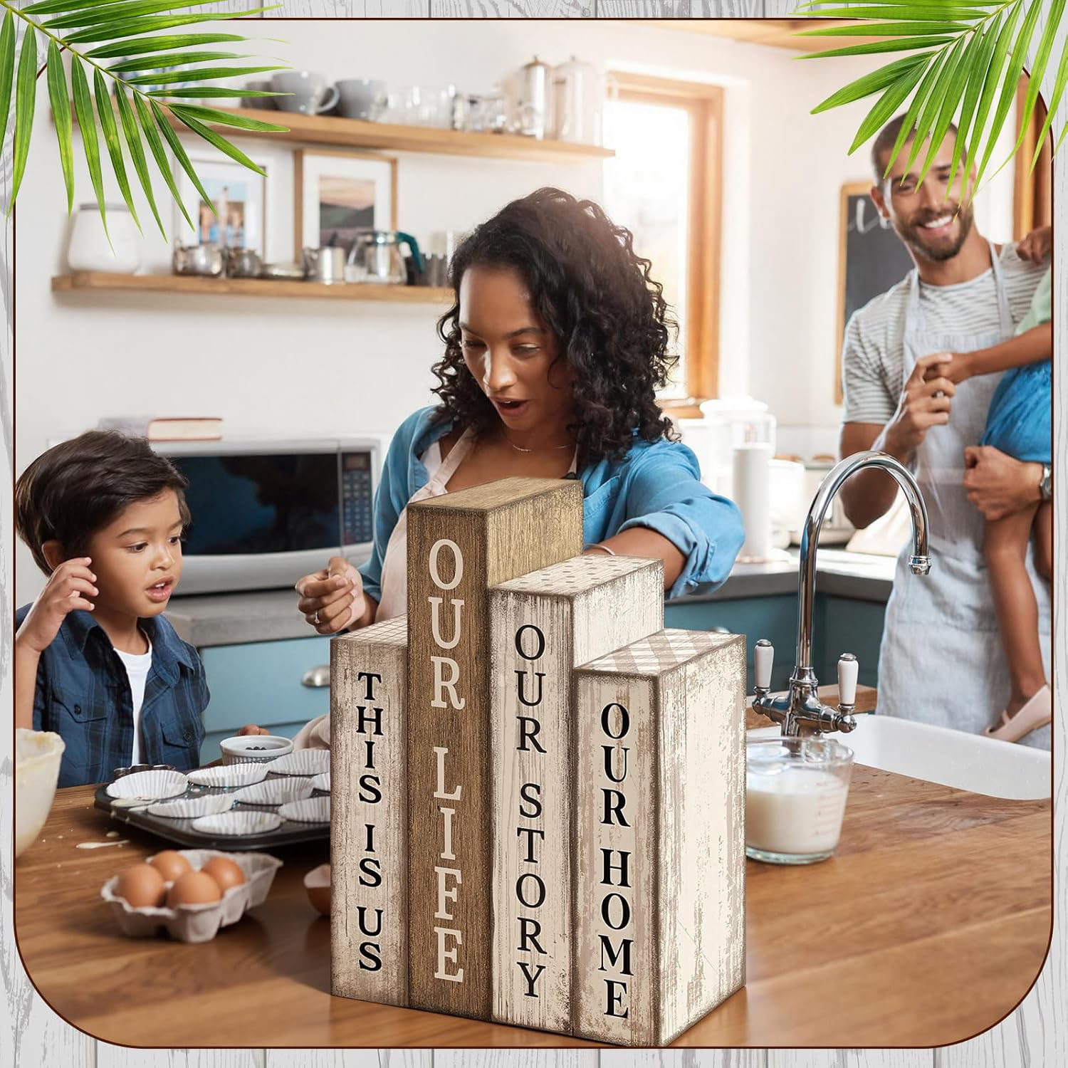 4 Pcs Durable Wooden Farmhouse Rustic DIY Table Centerpiece Book Stack Block Sign Rectangle Shape for Living Room Fireplace Home - Image 6