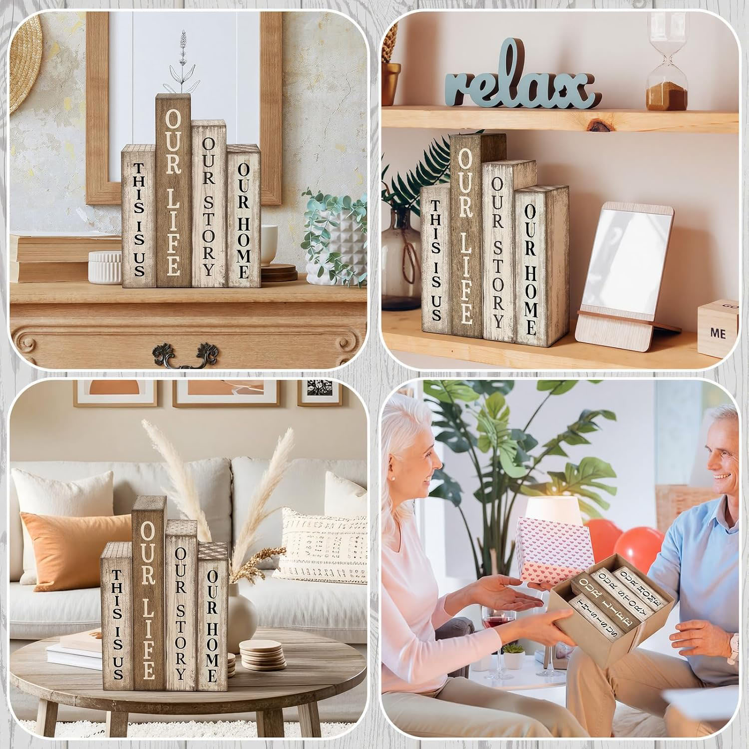 4 Pcs Durable Wooden Farmhouse Rustic DIY Table Centerpiece Book Stack Block Sign Rectangle Shape for Living Room Fireplace Home - Image 5