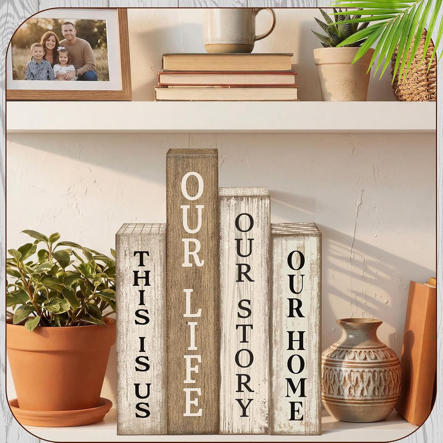 4 Pcs Durable Wooden Farmhouse Rustic DIY Table Centerpiece Book Stack Block Sign Rectangle Shape for Living Room Fireplace Home - Image 4