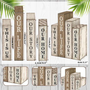 4 Pcs Durable Wooden Farmhouse Rustic DIY Table Centerpiece Book Stack Block Sign Rectangle Shape for Living Room Fireplace Home