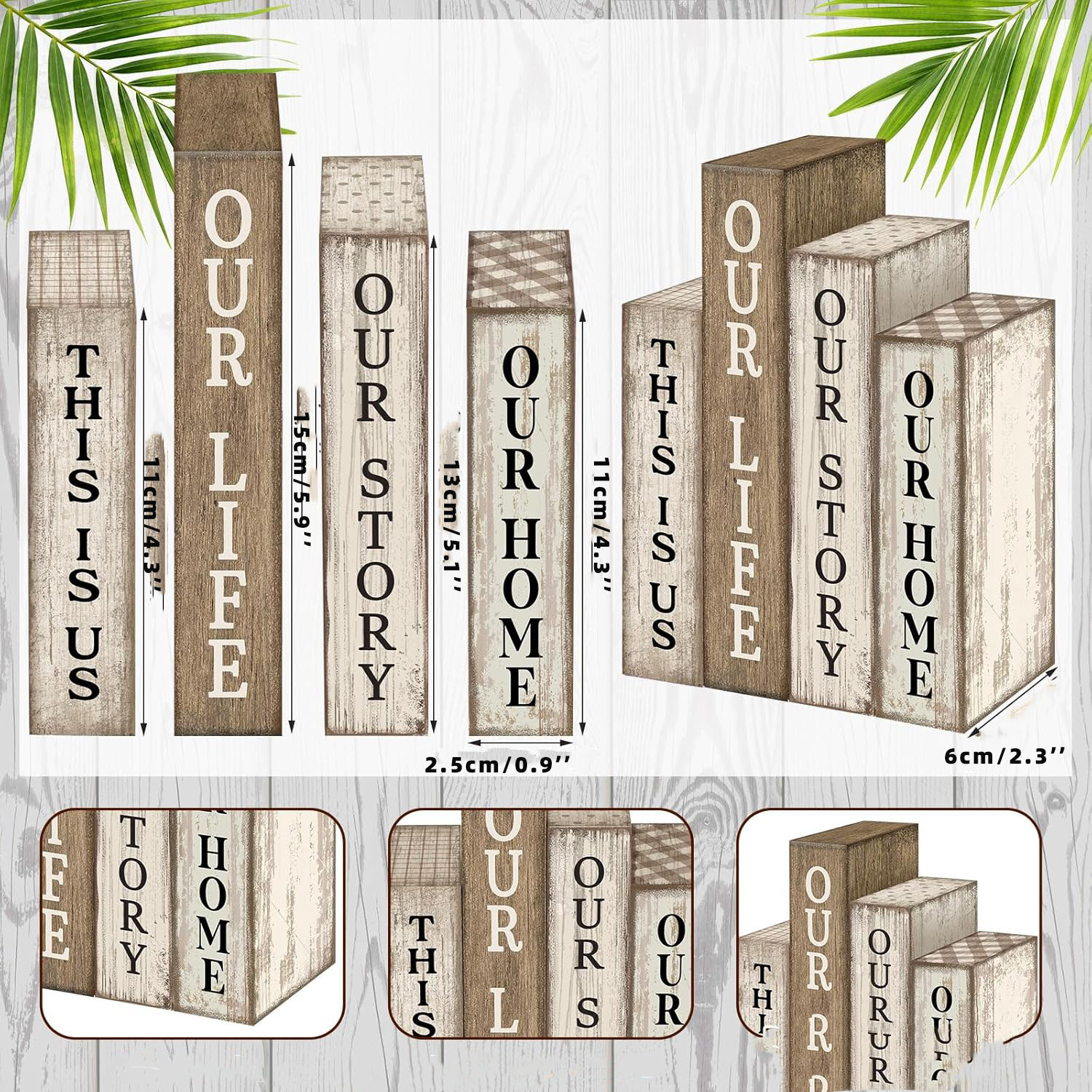 4 Pcs Durable Wooden Farmhouse Rustic DIY Table Centerpiece Book Stack Block Sign Rectangle Shape for Living Room Fireplace Home