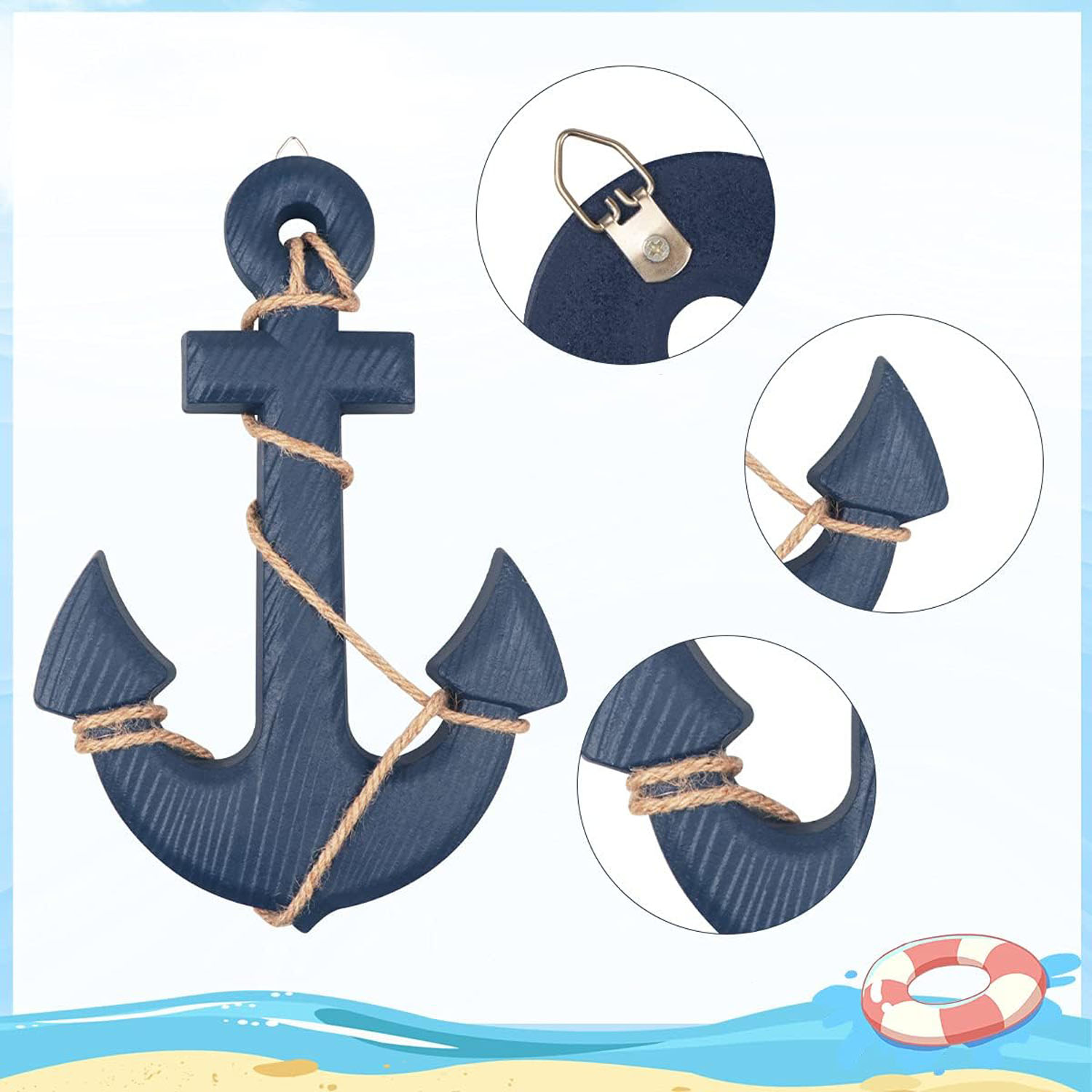 13" Wooden Angel Anchor Rope Tabletop Ornament (Blue) Multifunction Christmas Home Decoration - Image 7