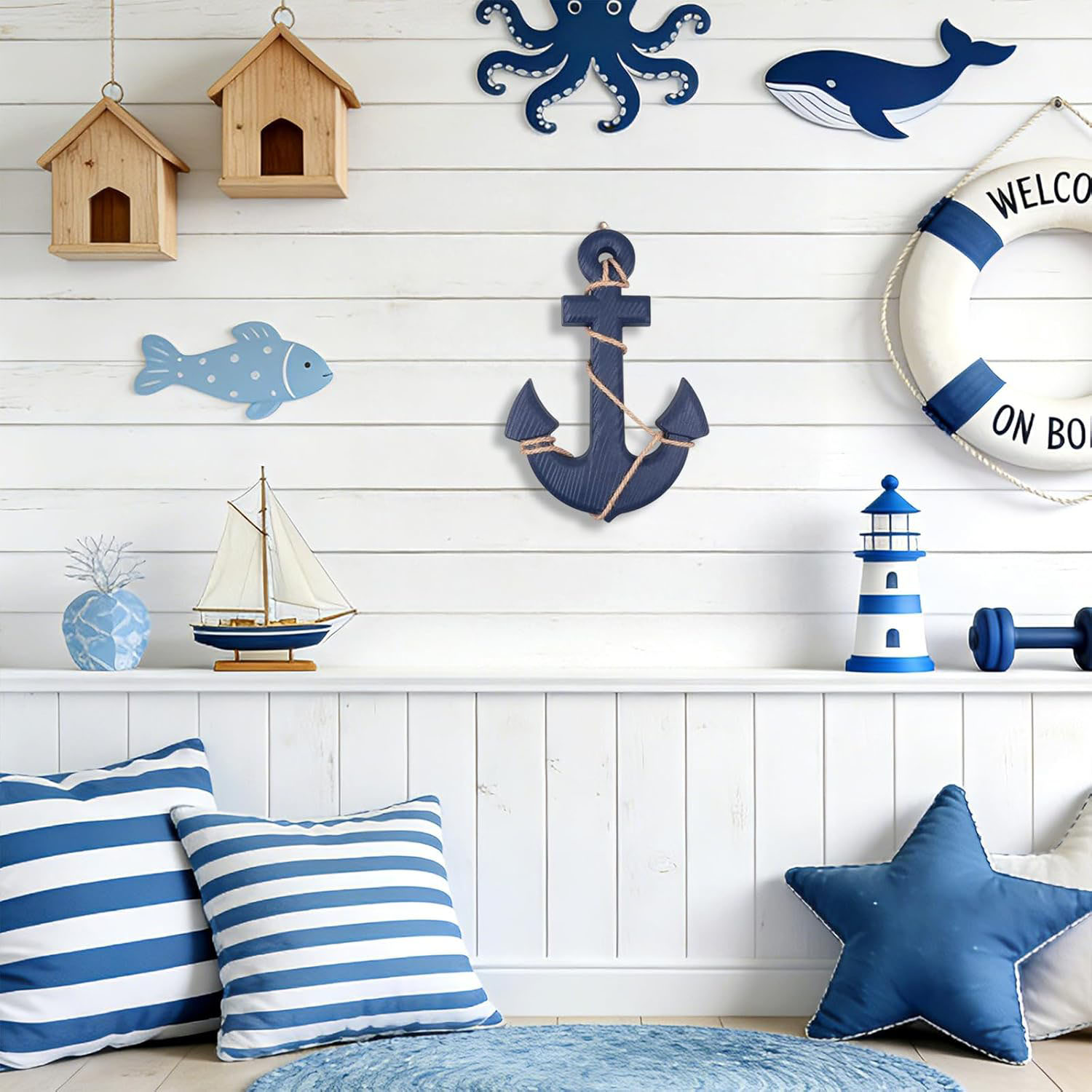 13" Wooden Angel Anchor Rope Tabletop Ornament (Blue) Multifunction Christmas Home Decoration - Image 6