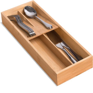 Bamboo Silverware Drawer Organizer Classic Design 3-Layer Portable Kitchen Utensil Tray Holder for Spoons Forks Knives Family