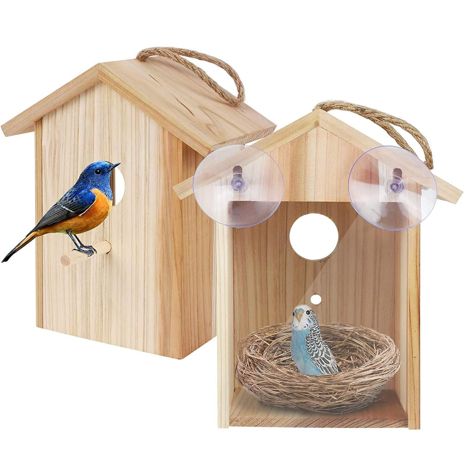Window Bird House Strong Suction Cup Upgraded Eco-Friendly Silk Screen Printed Wooden Bird Nesting Box Bluebird Finch Chickadee