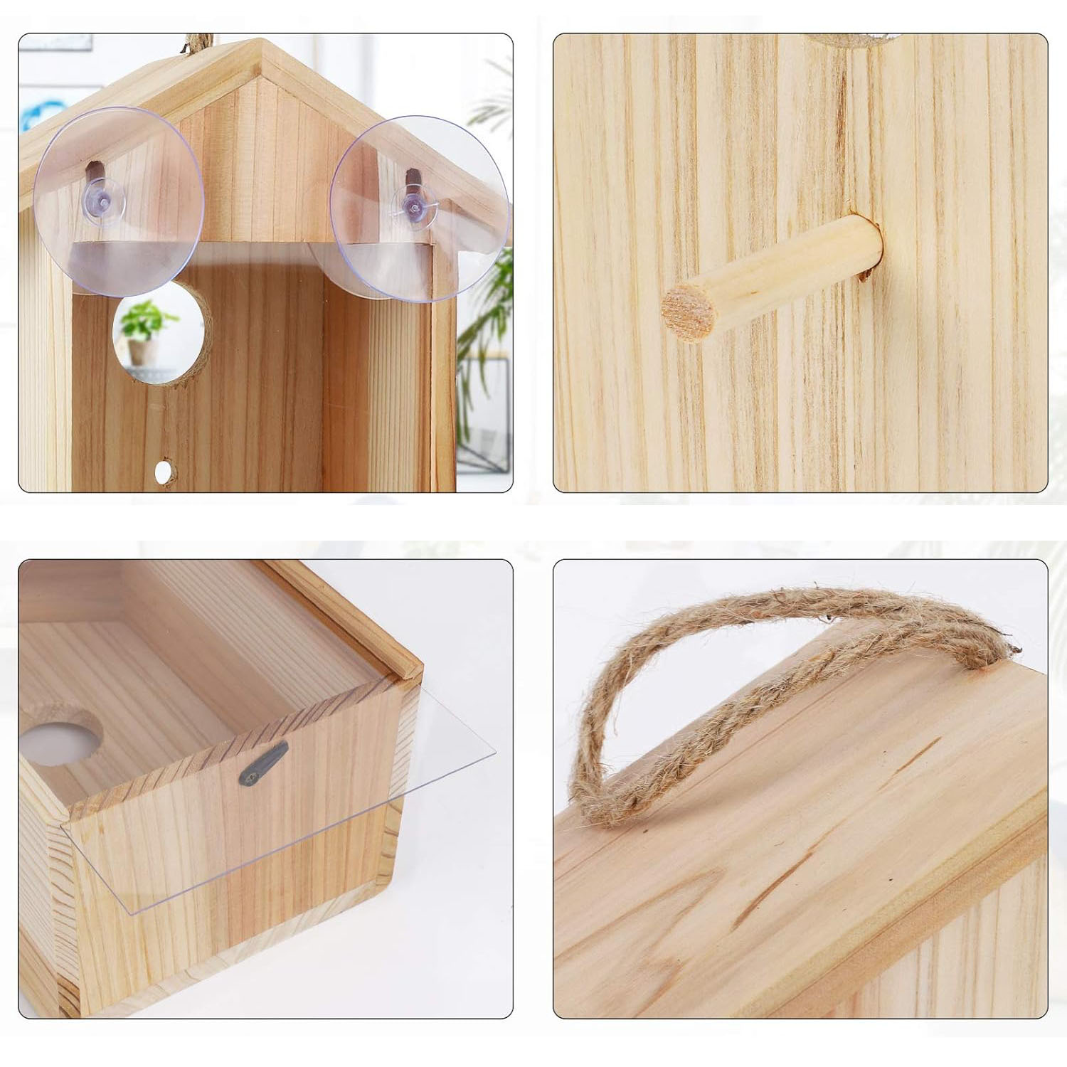 Window Bird House Strong Suction Cup Upgraded Eco-Friendly Silk Screen Printed Wooden Bird Nesting Box Bluebird Finch Chickadee - Image 3