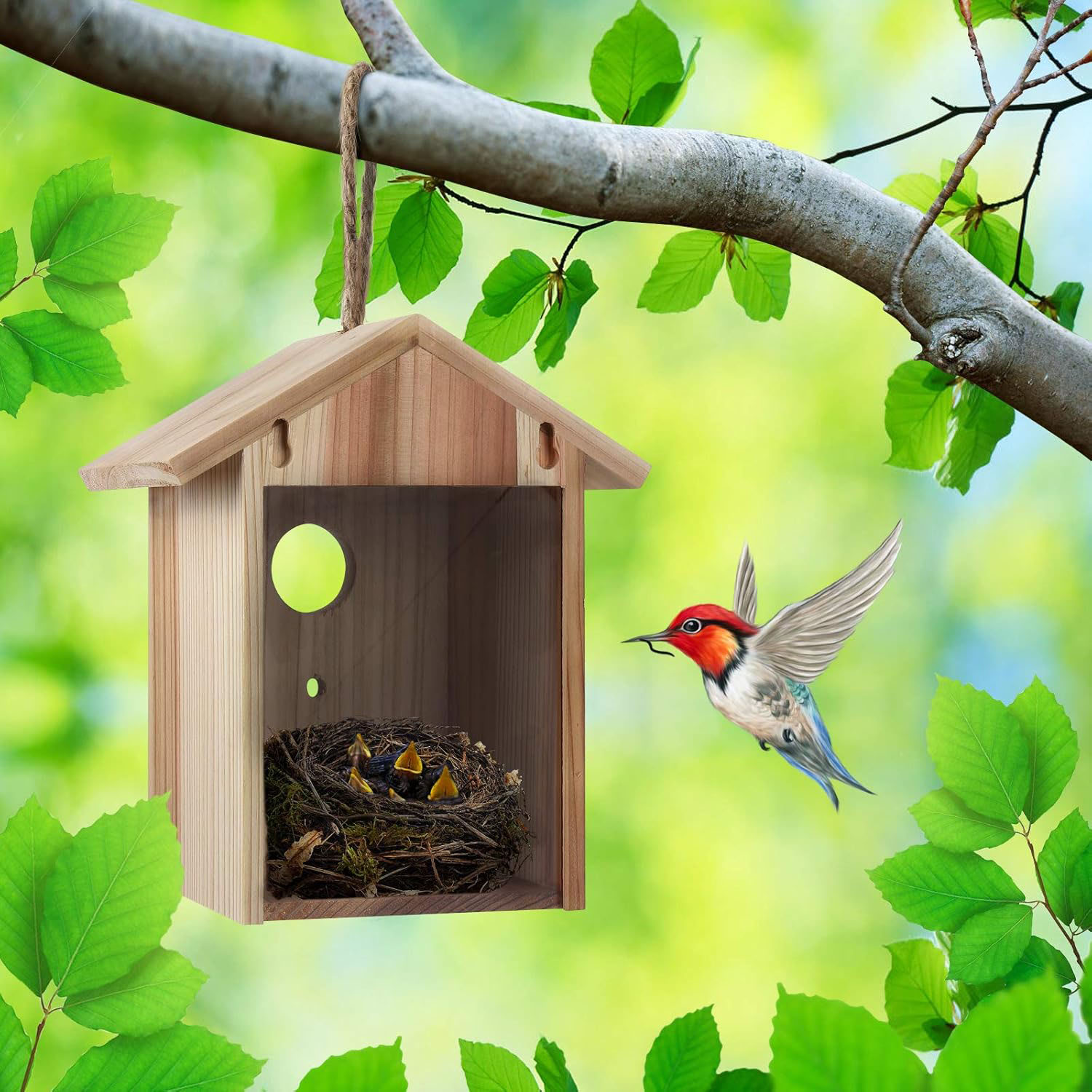 Window Bird House Strong Suction Cup Upgraded Eco-Friendly Silk Screen Printed Wooden Bird Nesting Box Bluebird Finch Chickadee - Image 4