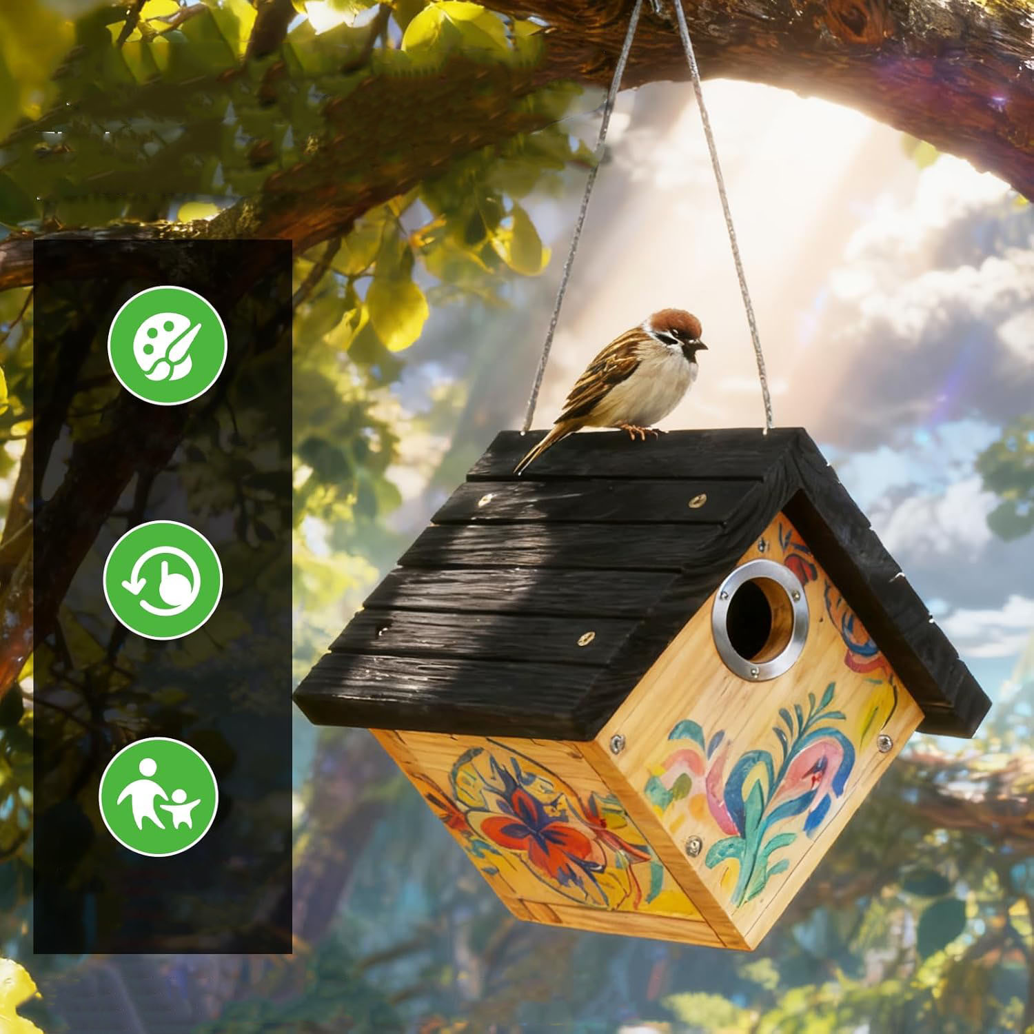 Bird House Wood Nesting Box 1-1/8" Entrance Hole Elegant Design for Backyard Bird Watching 1 Pack Black - Image 5