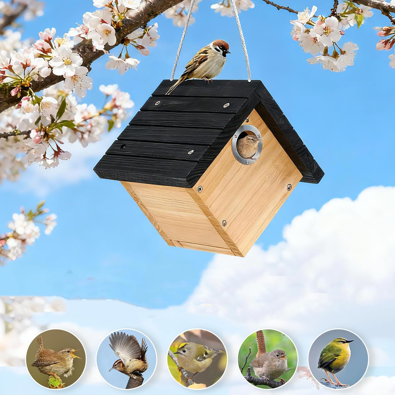 Bird House Wood Nesting Box 1-1/8" Entrance Hole Elegant Design for Backyard Bird Watching 1 Pack Black - Image 6
