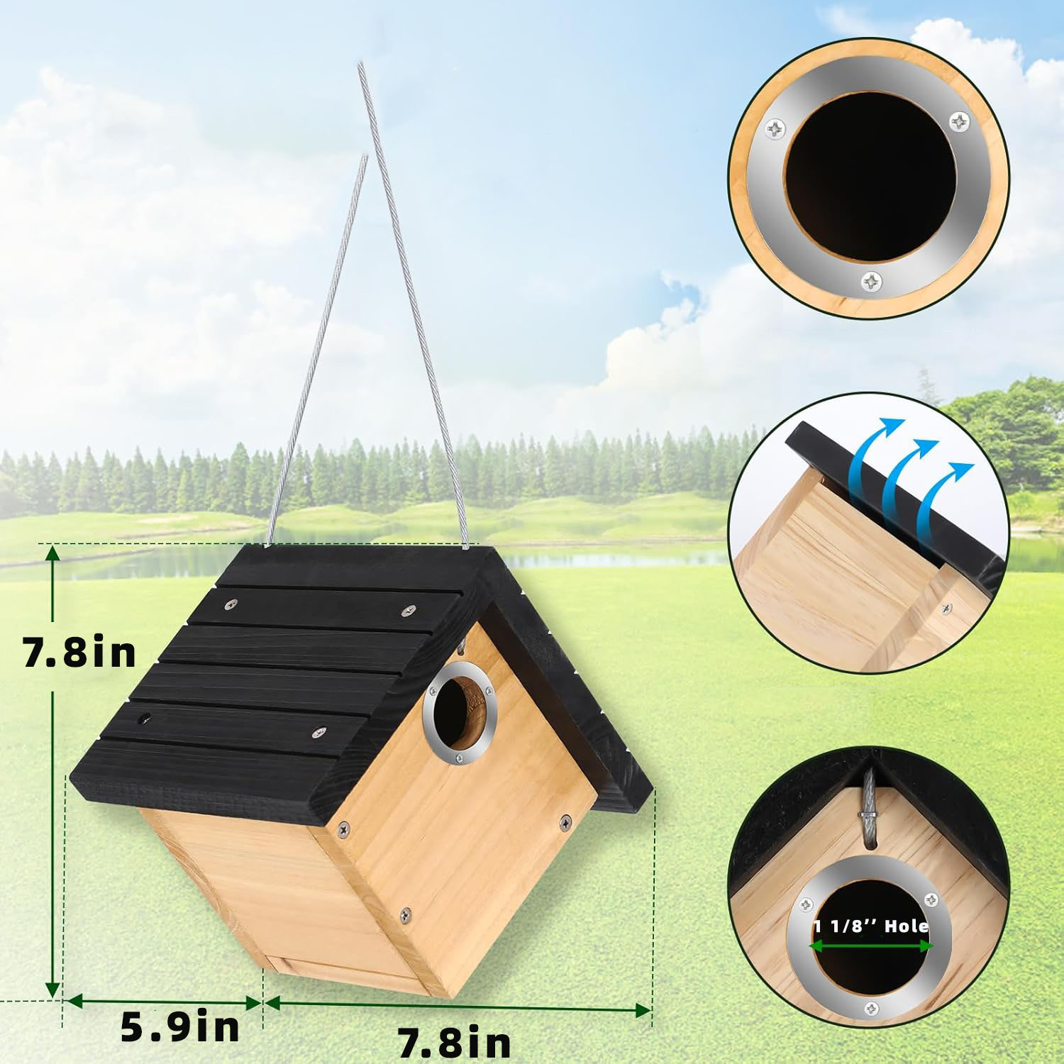 Bird House Wood Nesting Box 1-1/8" Entrance Hole Elegant Design for Backyard Bird Watching 1 Pack Black - Image 7