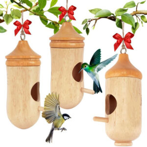 Hummingbird House Small Wooden Hummingbird Bird House Eco-Friendly Elegant Bow String Cute Gardening Gift for Home Decoration