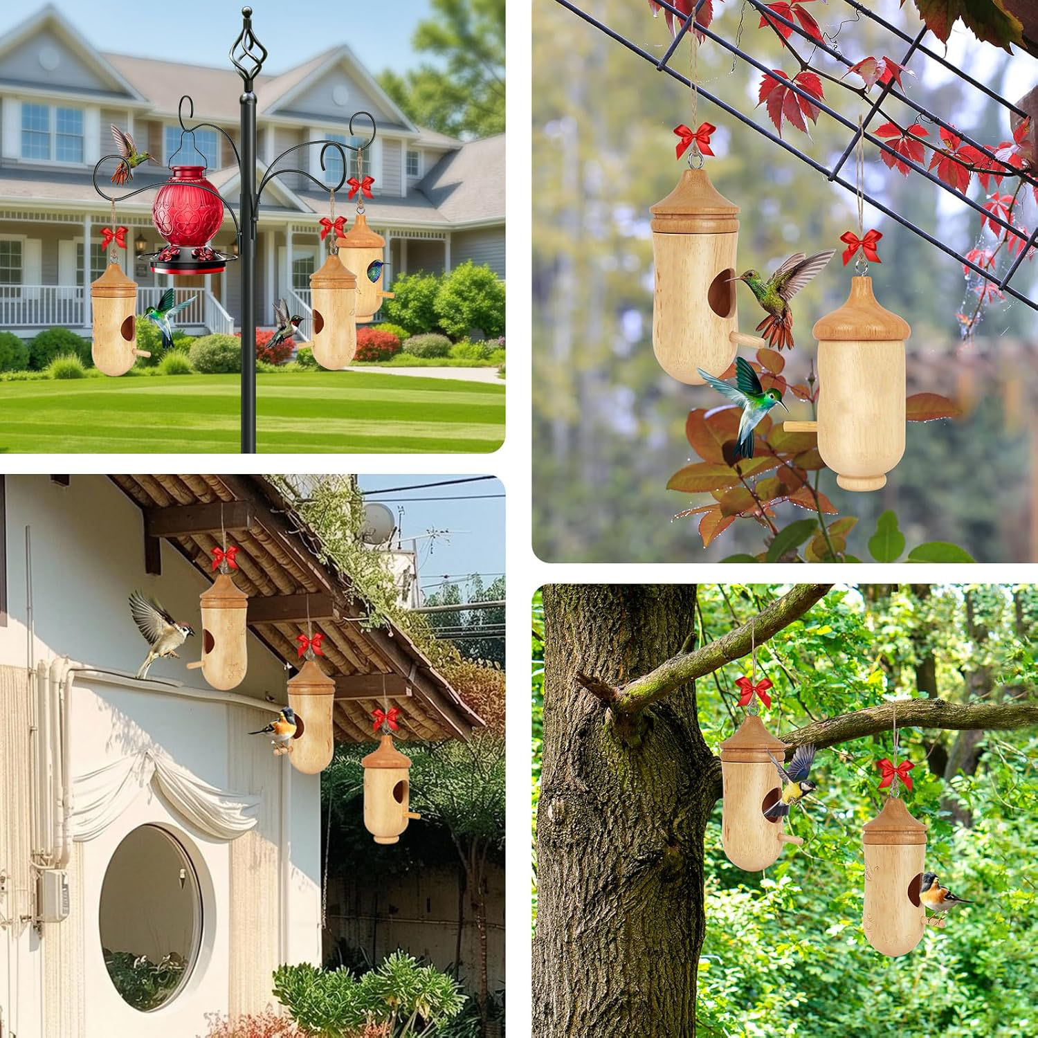 Hummingbird House Small Wooden Hummingbird Bird House Eco-Friendly Elegant Bow String Cute Gardening Gift for Home Decoration - Image 3