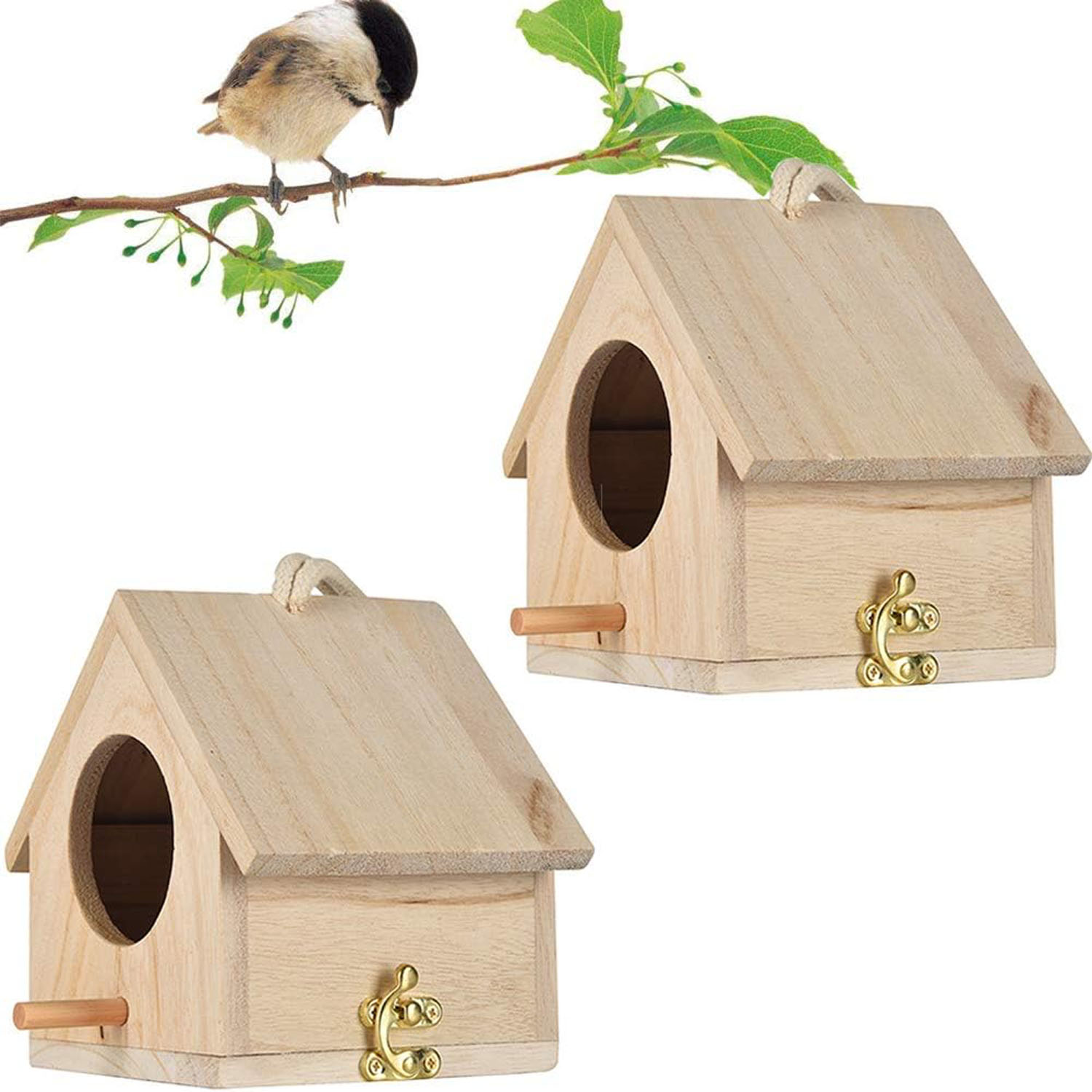 Wooden Bird House Pack 2 Hanging Outdoor Nest Boxes Eco-Friendly & Elegant Design for Garden/Patio DIY Decoration