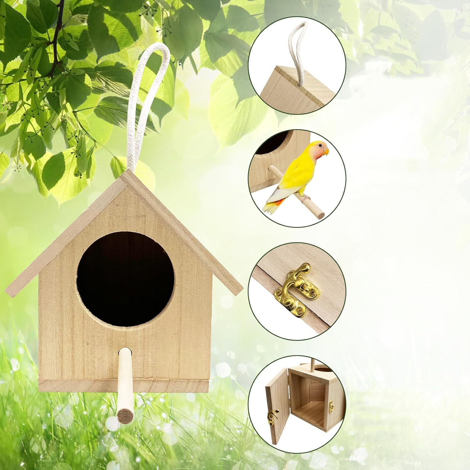 Wooden Bird House Pack 2 Hanging Outdoor Nest Boxes Eco-Friendly & Elegant Design for Garden/Patio DIY Decoration - Image 3