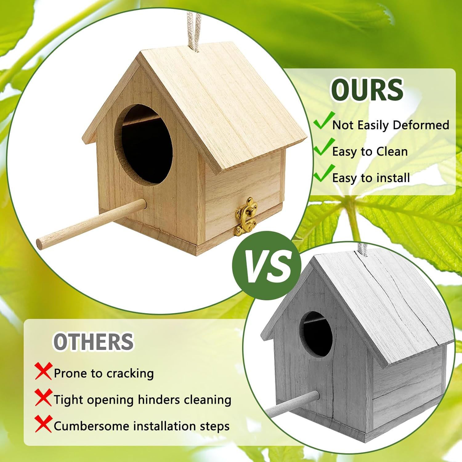 Wooden Bird House Pack 2 Hanging Outdoor Nest Boxes Eco-Friendly & Elegant Design for Garden/Patio DIY Decoration - Image 5