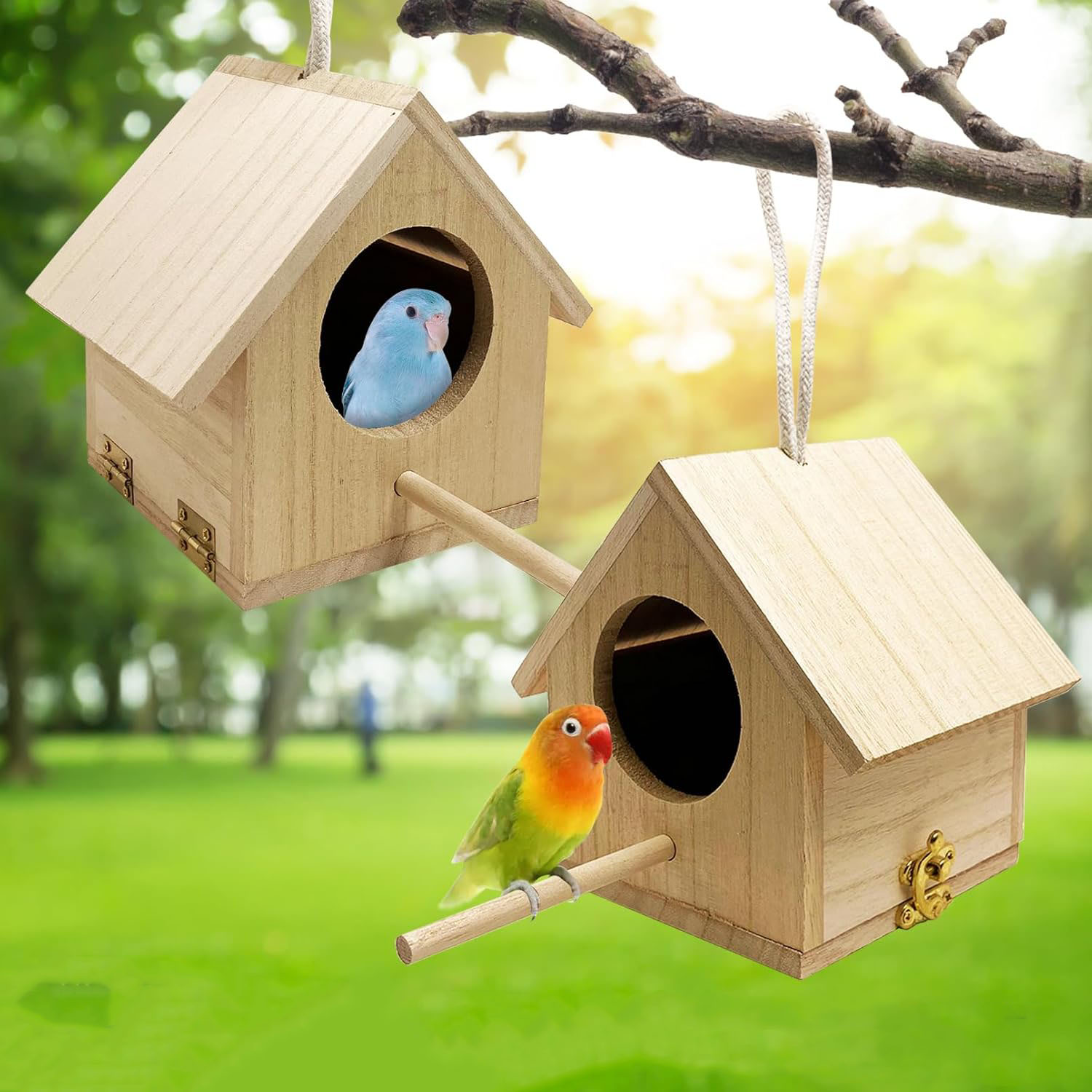 Wooden Bird House Pack 2 Hanging Outdoor Nest Boxes Eco-Friendly & Elegant Design for Garden/Patio DIY Decoration - Image 6