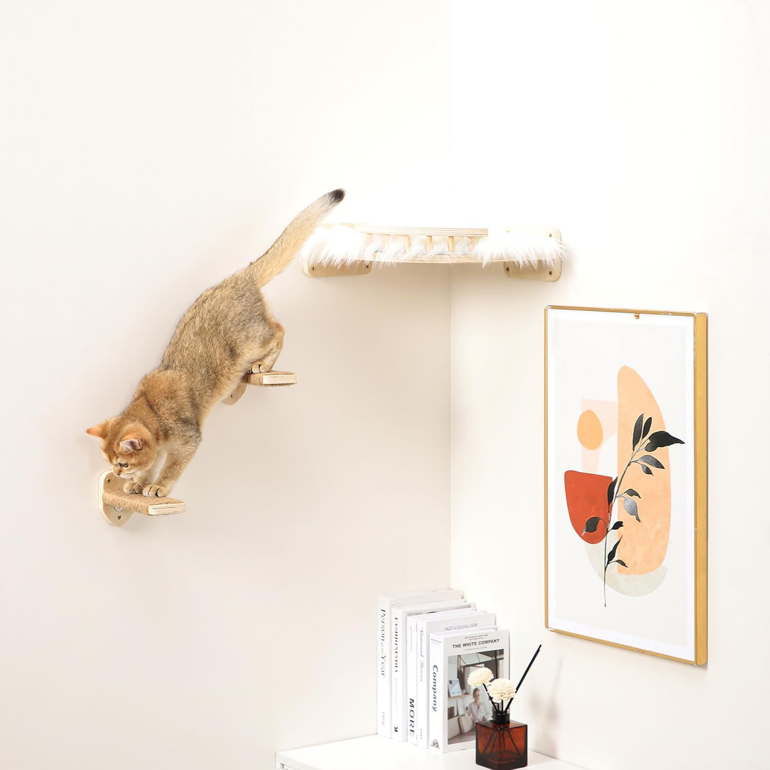 3-in-1 Sport Style Portable Cat Climbing Wall Steps with Hemp Rope Shelves Perches Scratching Pads (Wood) - Image 6
