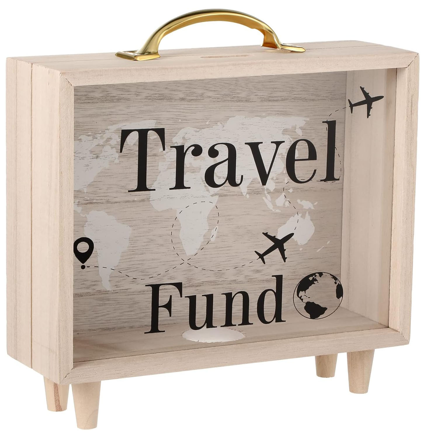 Travel Fund Box Wooden Piggy Bank American Style Portable 8x7.3x2.8 Inch Multifunction for Adults Vacation & Wedding Savings