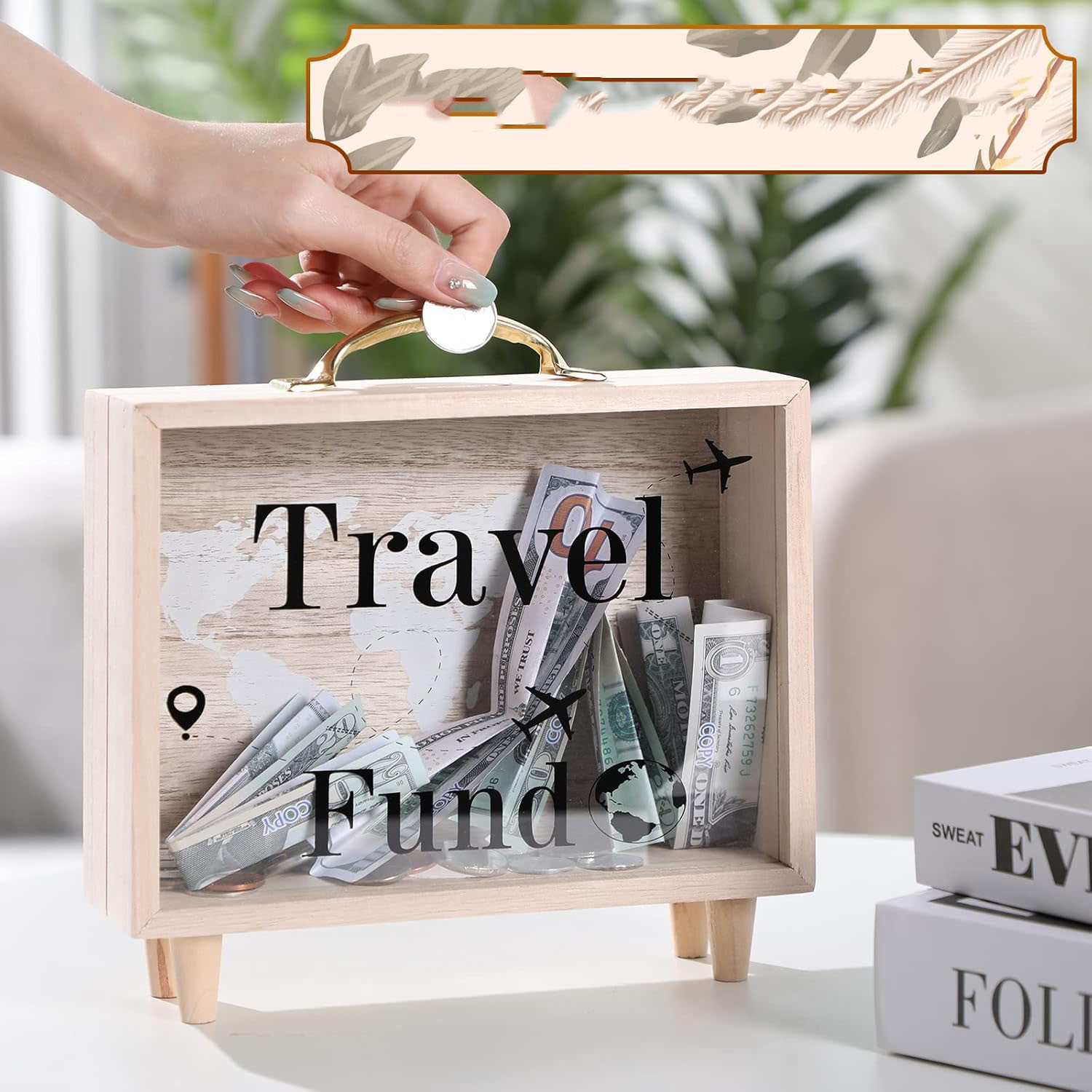 Travel Fund Box Wooden Piggy Bank American Style Portable 8x7.3x2.8 Inch Multifunction for Adults Vacation & Wedding Savings - Image 5