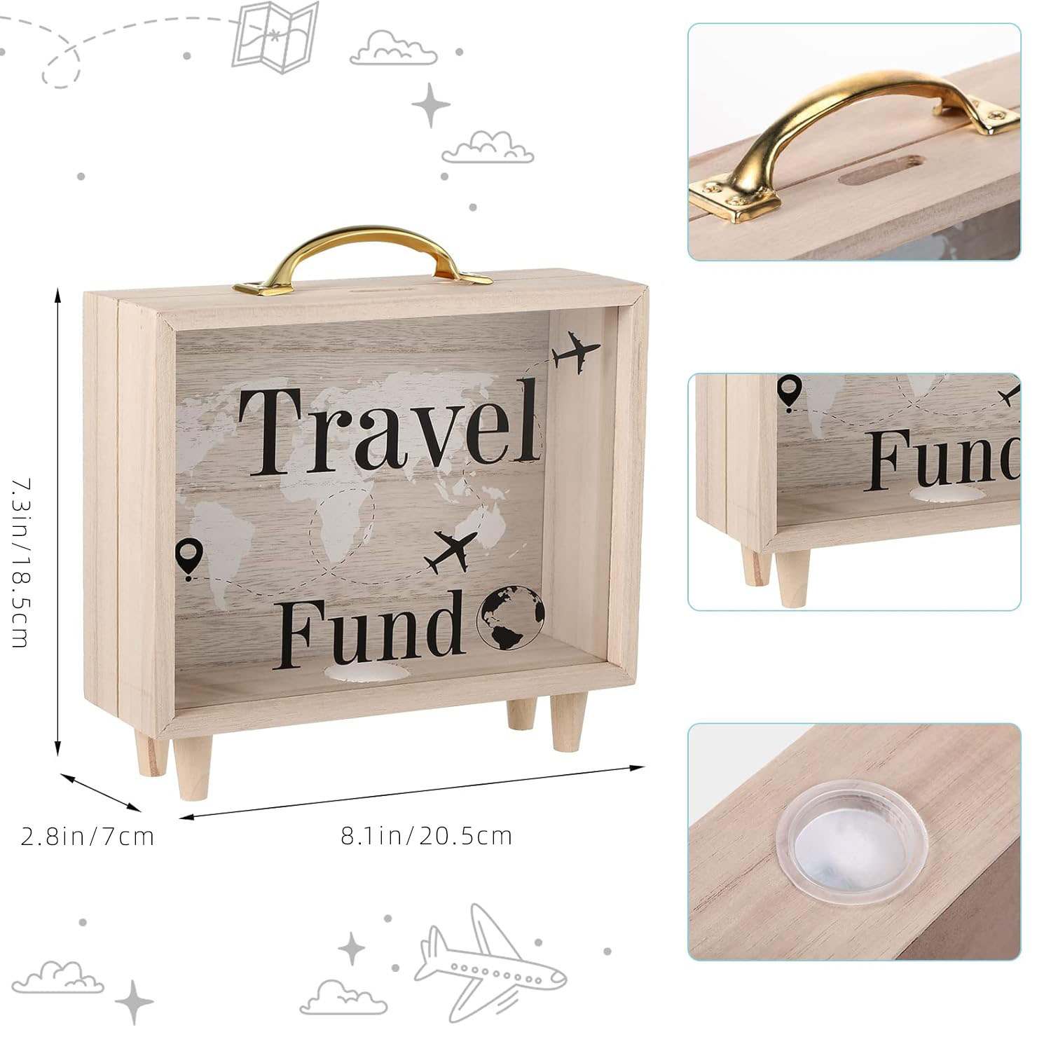 Travel Fund Box Wooden Piggy Bank American Style Portable 8x7.3x2.8 Inch Multifunction for Adults Vacation & Wedding Savings - Image 7