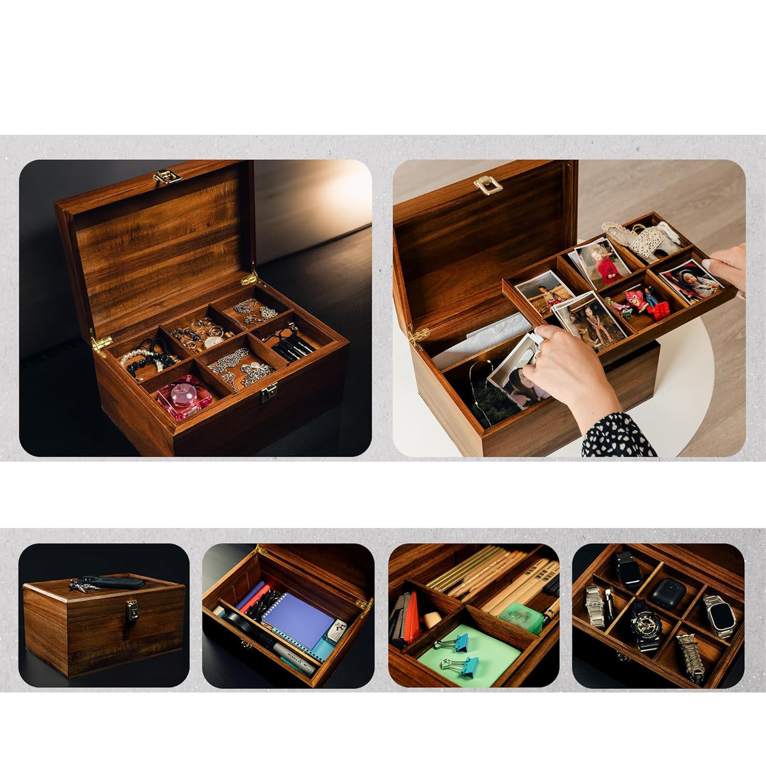 Locking Rectangle Wooden Keepsake Box Customizable Design Adjustable Tray. American Style Large Hinged Lid Wedding Memory - Image 6