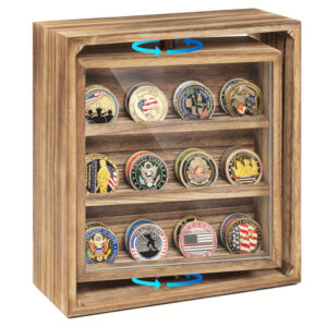 Double-Sided Rotating Challenge Coin Display Wooden Coin Holder Holds 33 Coins Desktop American Style Rectangle