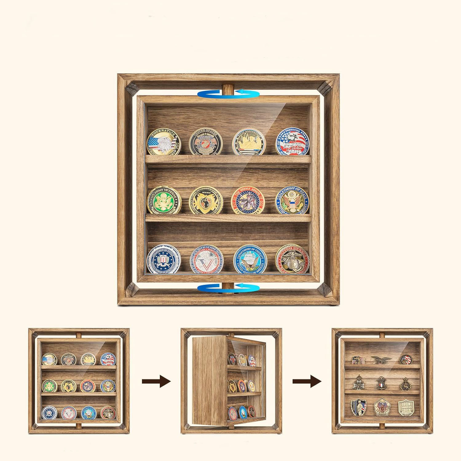 Double-Sided Rotating Challenge Coin Display Wooden Coin Holder Holds 33 Coins Desktop American Style Rectangle - Image 3