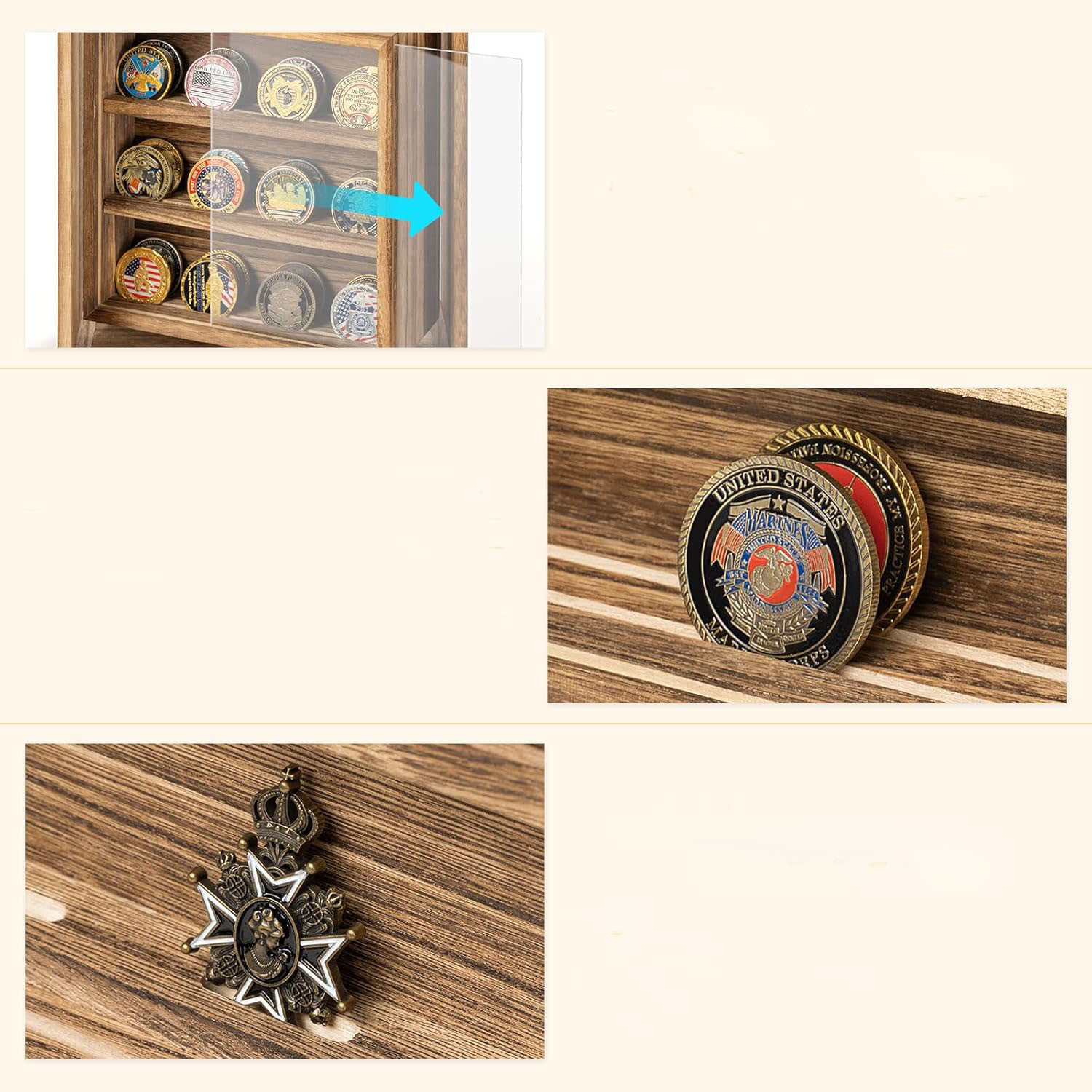 Double-Sided Rotating Challenge Coin Display Wooden Coin Holder Holds 33 Coins Desktop American Style Rectangle - Image 4