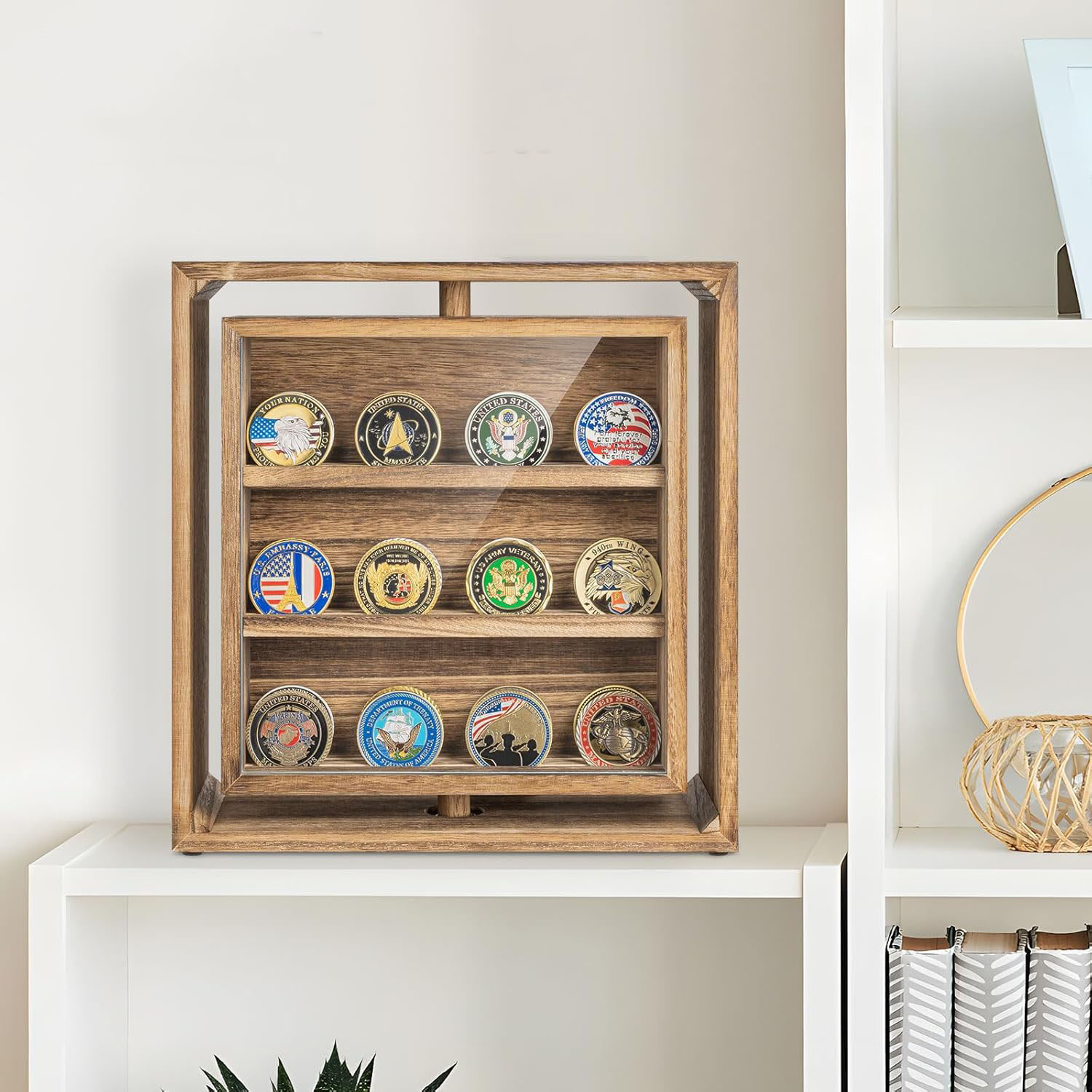 Double-Sided Rotating Challenge Coin Display Wooden Coin Holder Holds 33 Coins Desktop American Style Rectangle - Image 5