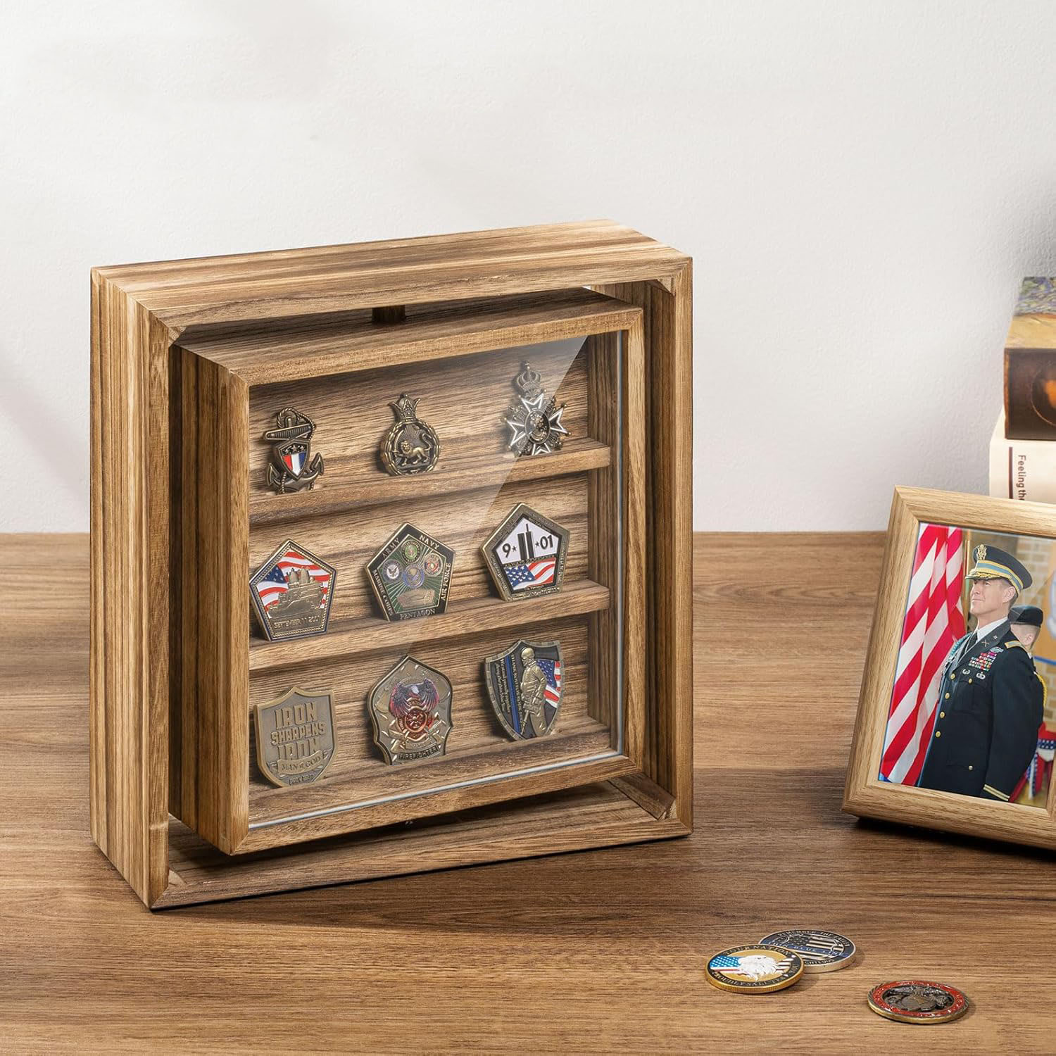 Double-Sided Rotating Challenge Coin Display Wooden Coin Holder Holds 33 Coins Desktop American Style Rectangle - Image 6