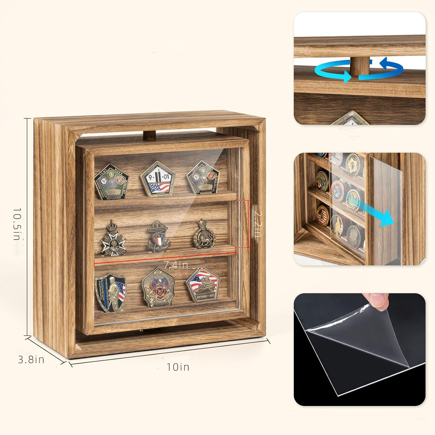 Double-Sided Rotating Challenge Coin Display Wooden Coin Holder Holds 33 Coins Desktop American Style Rectangle - Image 7