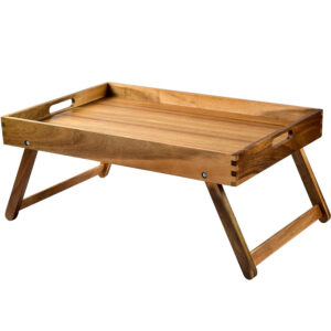Extra Large Folding Bed Tray Table 22''x14'' Acacia Wood Single Tier American Style Breakfast & Food Serving Tray with Legs