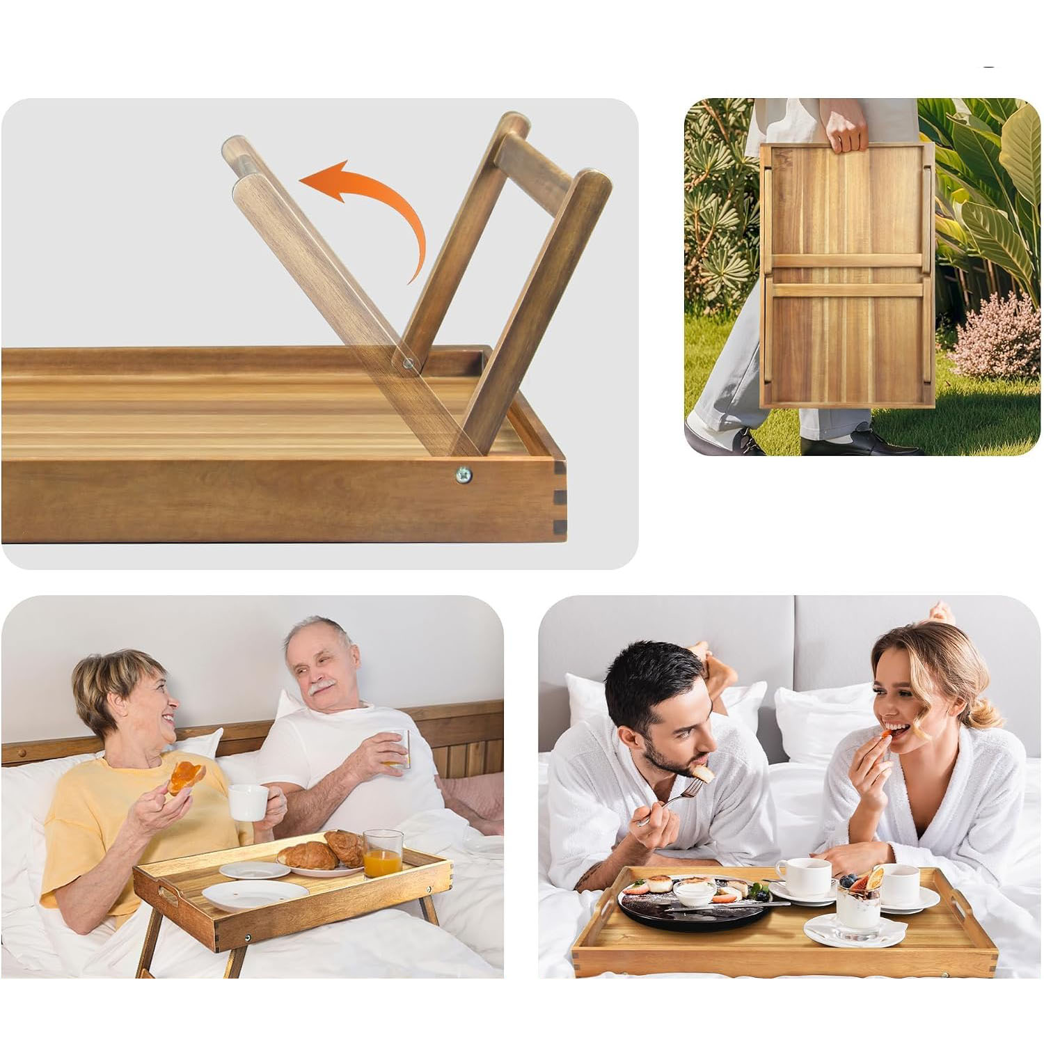 Extra Large Folding Bed Tray Table 22''x14'' Acacia Wood Single Tier American Style Breakfast & Food Serving Tray with Legs - Image 4
