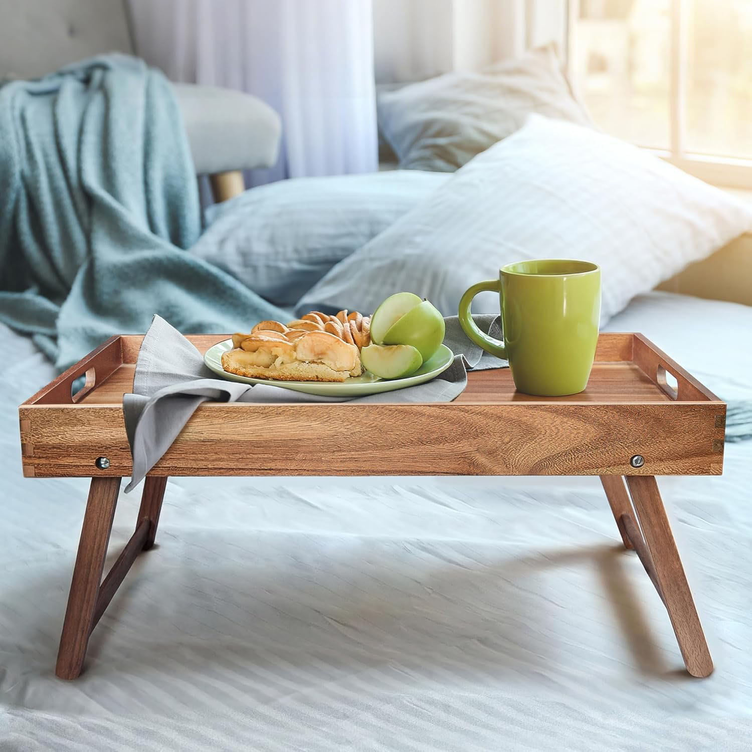 Extra Large Folding Bed Tray Table 22''x14'' Acacia Wood Single Tier American Style Breakfast & Food Serving Tray with Legs - Image 5