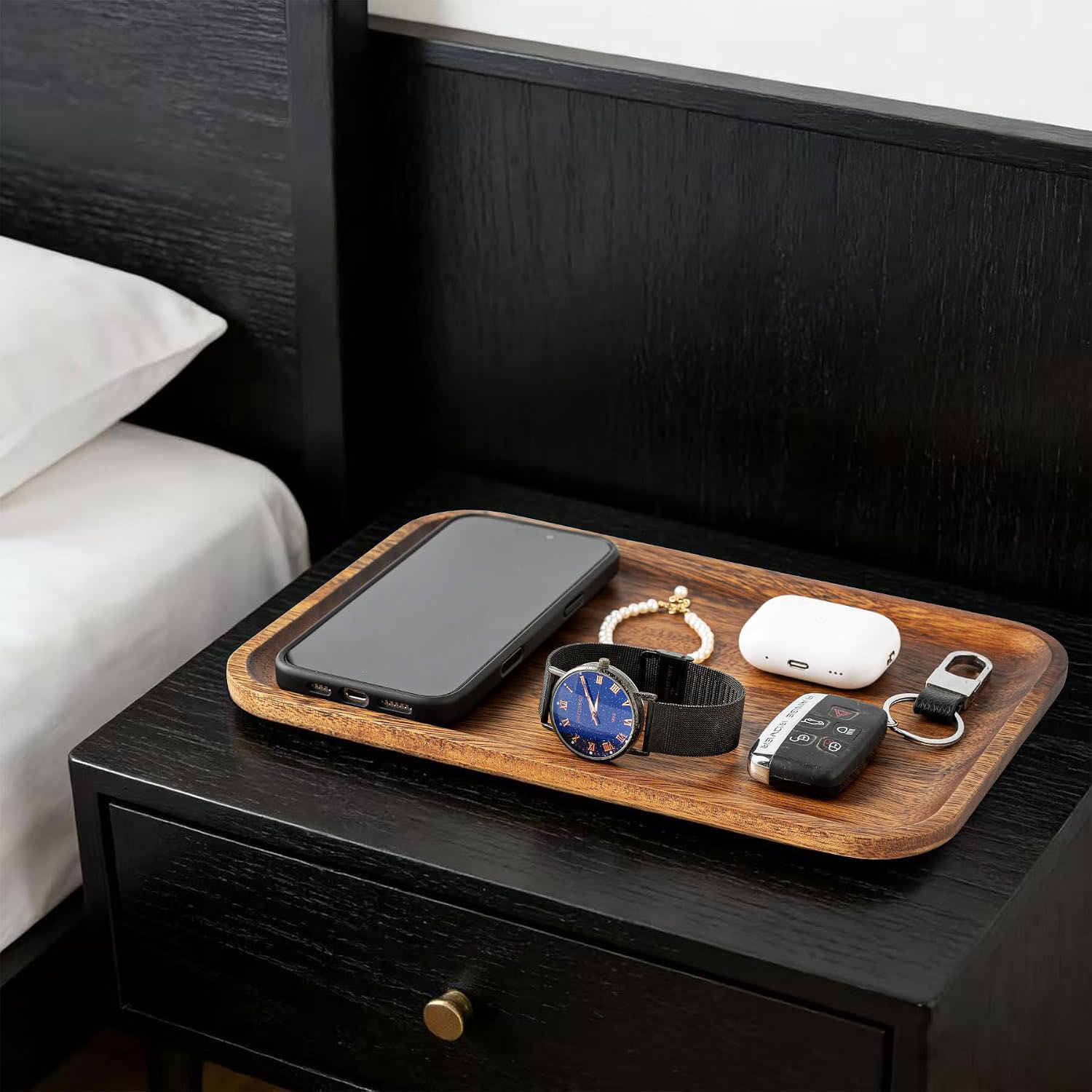 Acacia Wood American Style Foldable Valet Tray for Men Women Catch All Key Dump Bathroom Organizer Decorative Wooden - Image 6