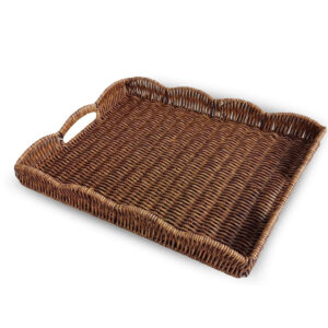 Tray Scalloped Edge Rectangular Faux Rattan Iron Handles Foldable Multifunction Bathroom Decorative