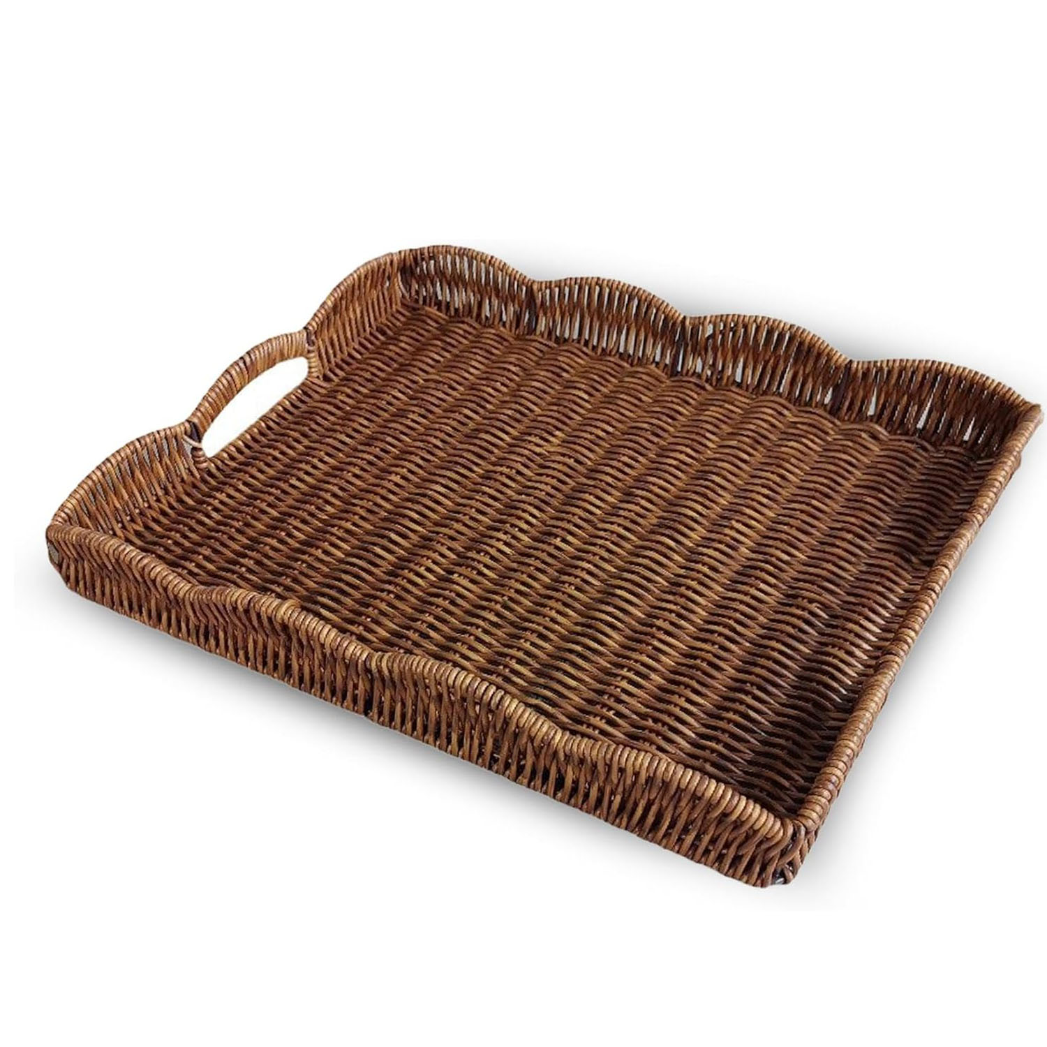 Tray Scalloped Edge Rectangular Faux Rattan Iron Handles Foldable Multifunction Bathroom Decorative