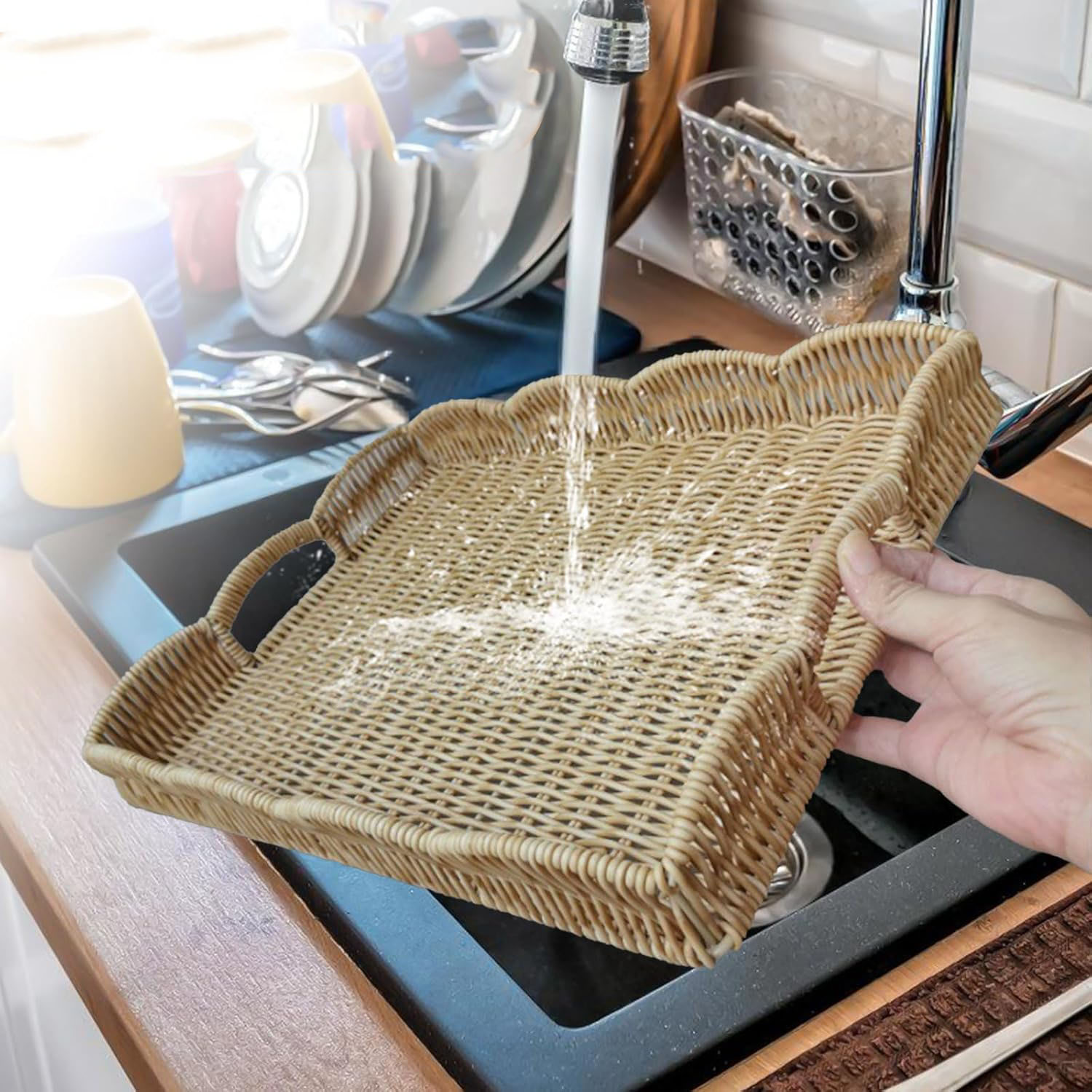 Tray Scalloped Edge Rectangular Faux Rattan Iron Handles Foldable Multifunction Bathroom Decorative - Image 5