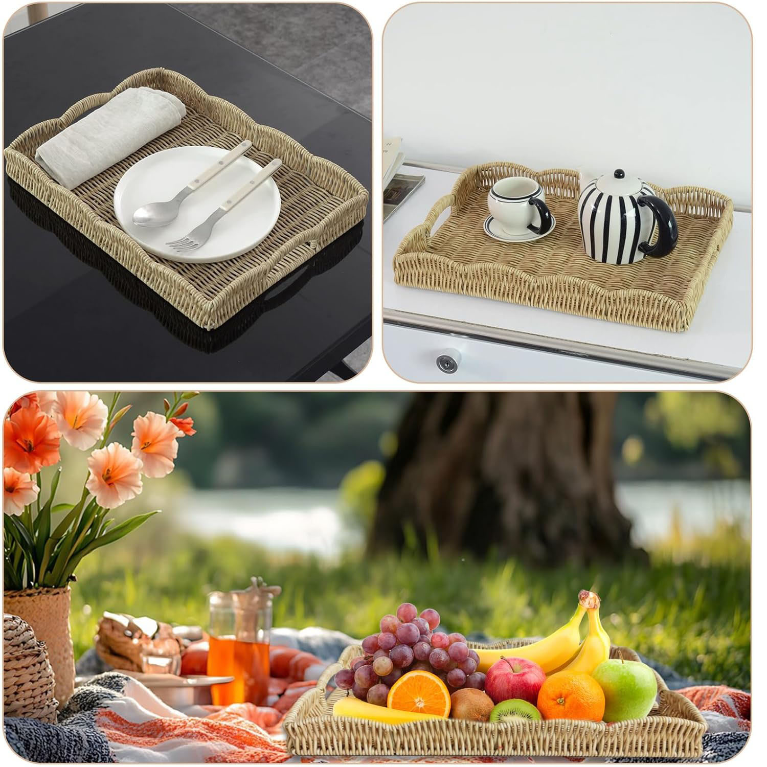 Tray Scalloped Edge Rectangular Faux Rattan Iron Handles Foldable Multifunction Bathroom Decorative - Image 6
