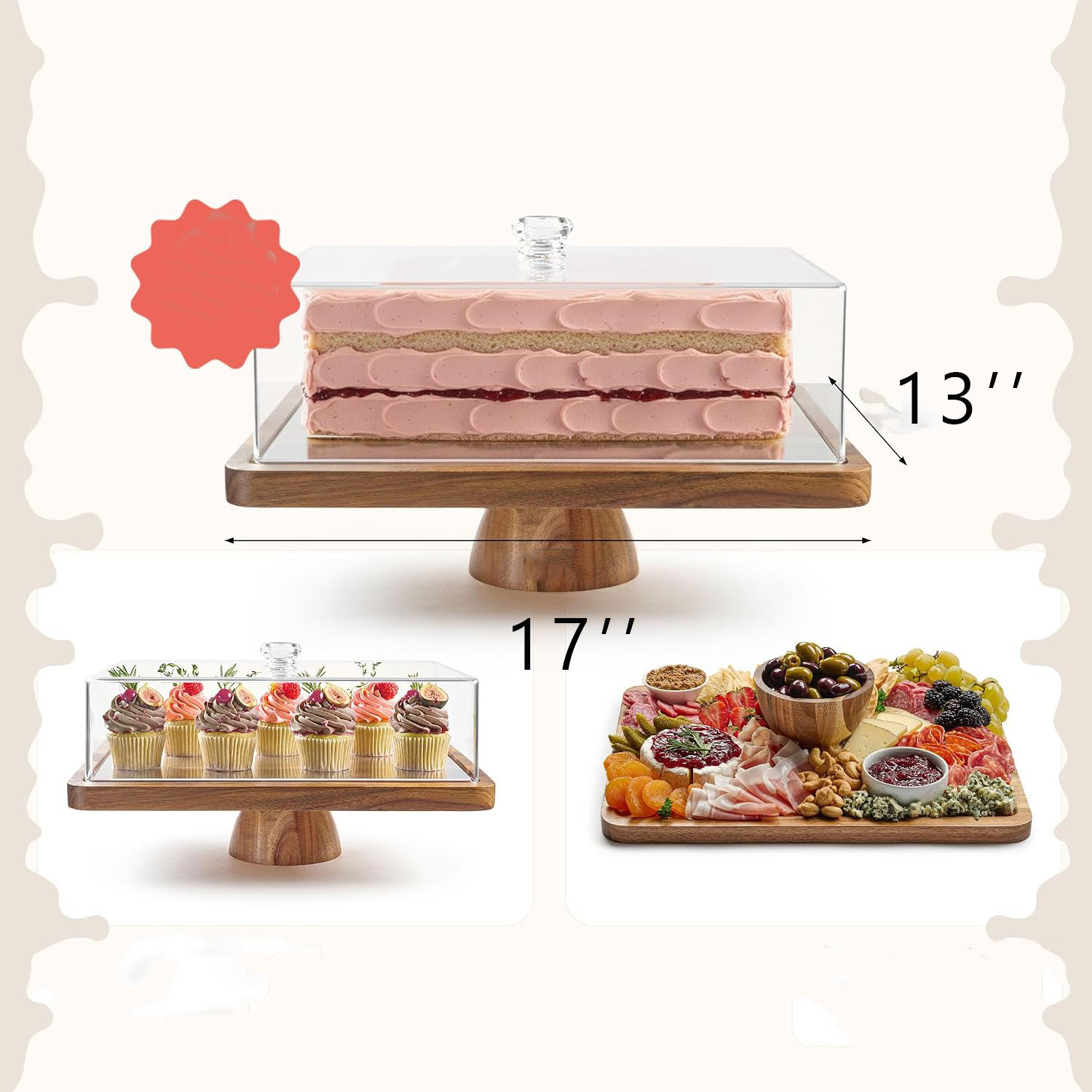 Modern Eco-Friendly Acacia Wood 2-in-1 Cake Stand Holder Lid Dome Cover Dessert Table Display Set Charcuterie Board Fruit - Image 3