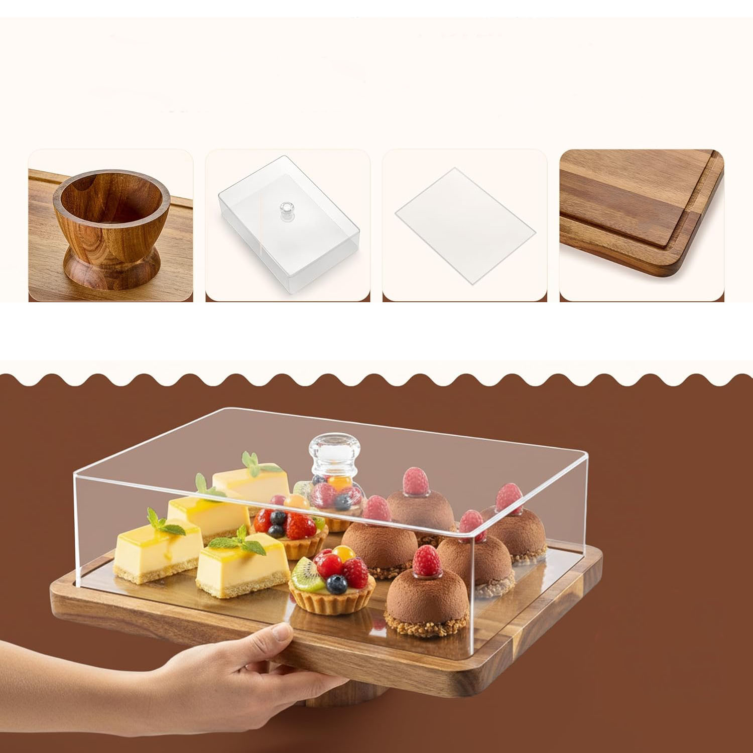 Modern Eco-Friendly Acacia Wood 2-in-1 Cake Stand Holder Lid Dome Cover Dessert Table Display Set Charcuterie Board Fruit - Image 4