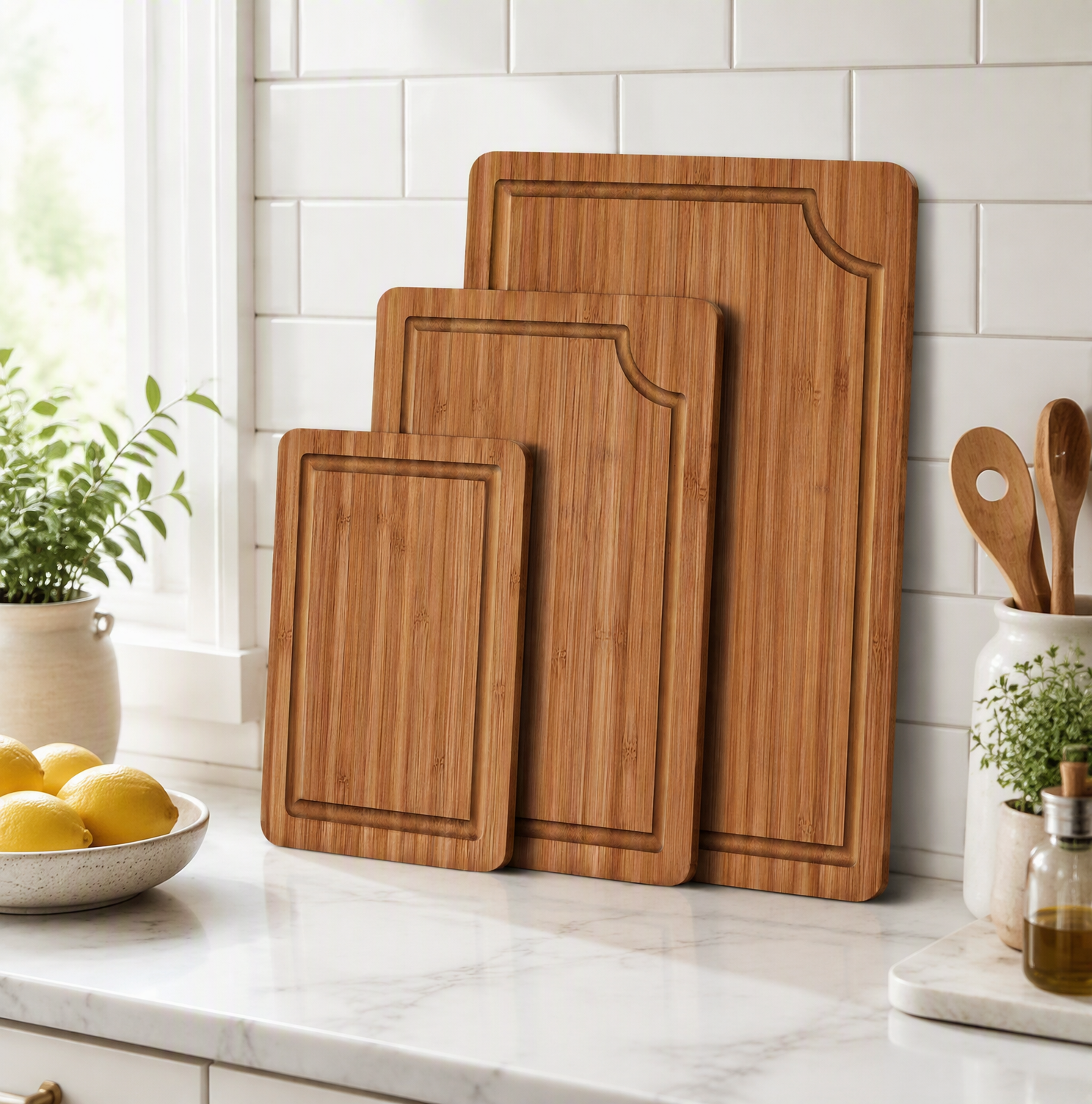 Bamboo Wood Cutting Board Set Deep Juice Groove Side Handles Butcher Block Charcuterie Board Meat Meal Prep Kitchen - Image 4