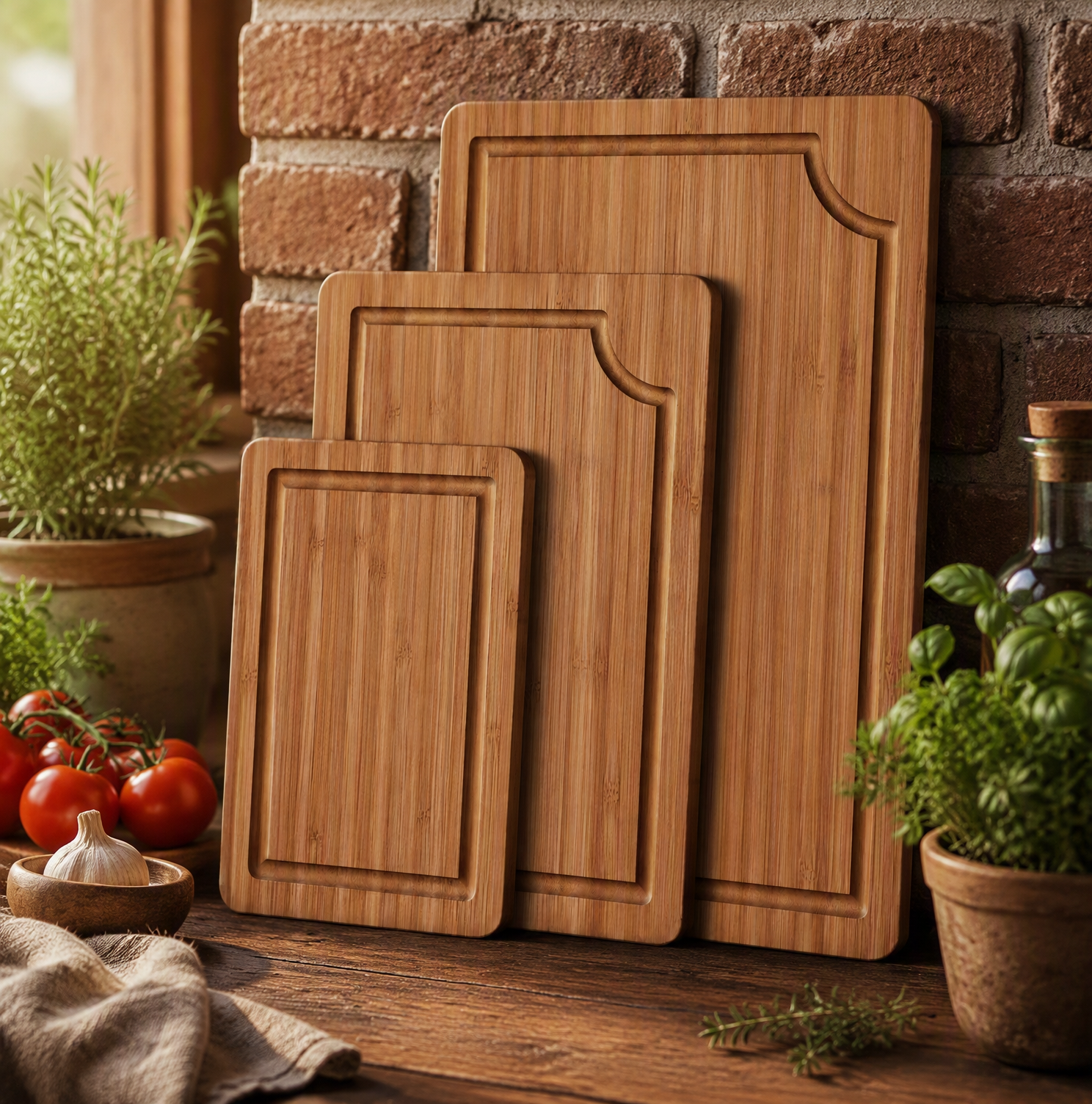 Bamboo Wood Cutting Board Set Deep Juice Groove Side Handles Butcher Block Charcuterie Board Meat Meal Prep Kitchen - Image 7