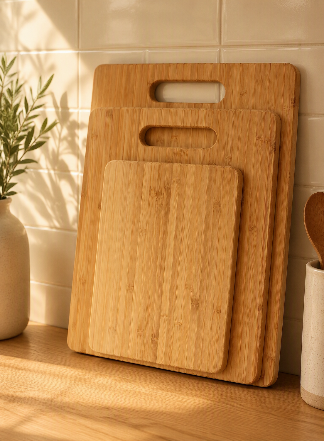 Bamboo Cutting Board Set 3 Wooden Boards Kitchen Knife Friendly Food Grade 1.5cm Thick Lightweight Hanging Hole