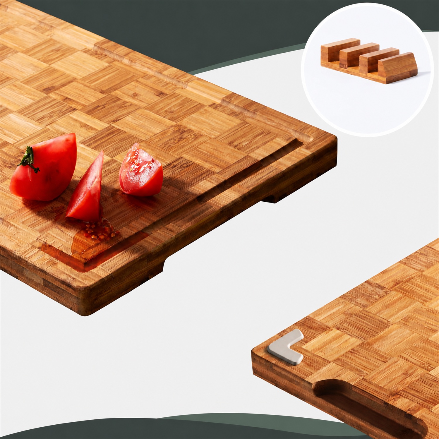 3 Pack Heavy Duty Bamboo Rectangle Cutting Board Set Non Toxic 1.5cm Thick Non Slip Solid End Grain Juice Groove Chopping Block - Image 4