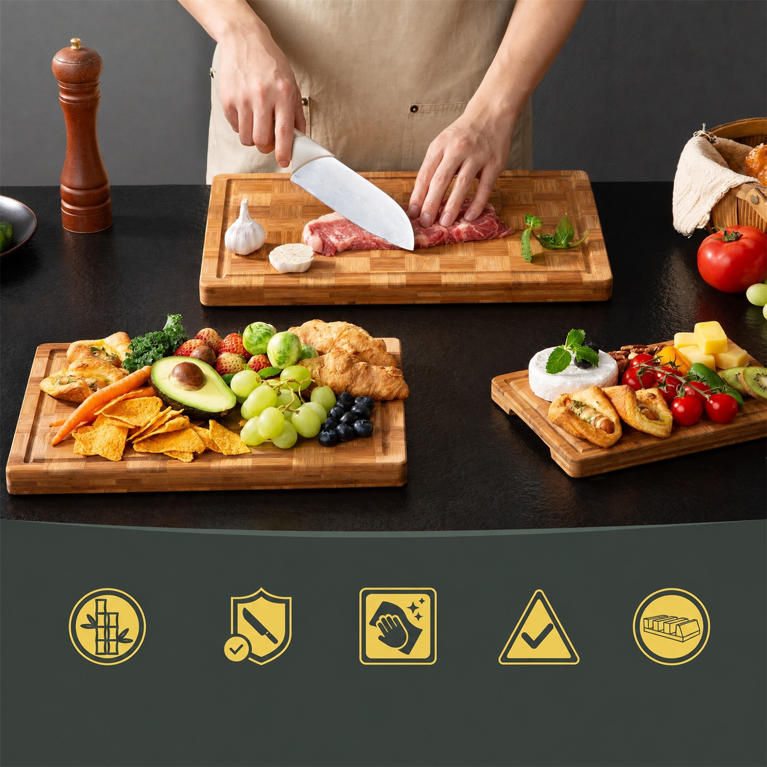 3 Pack Heavy Duty Bamboo Rectangle Cutting Board Set Non Toxic 1.5cm Thick Non Slip Solid End Grain Juice Groove Chopping Block - Image 5